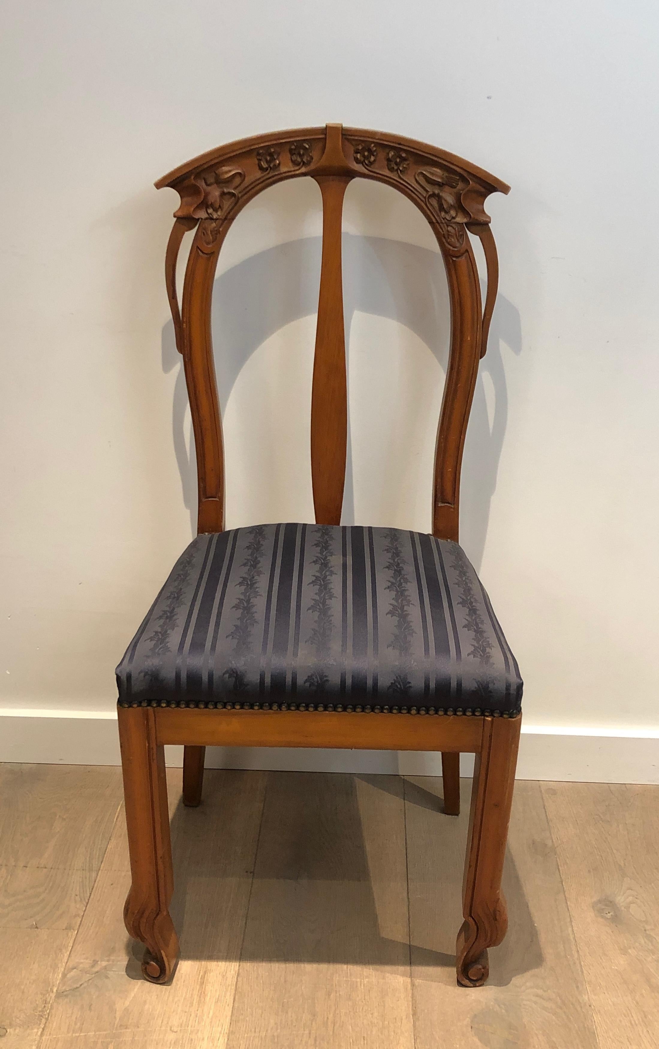French Suite of 4 Cherry Wood Chairs Decorated with Flowers and Plants. For Sale