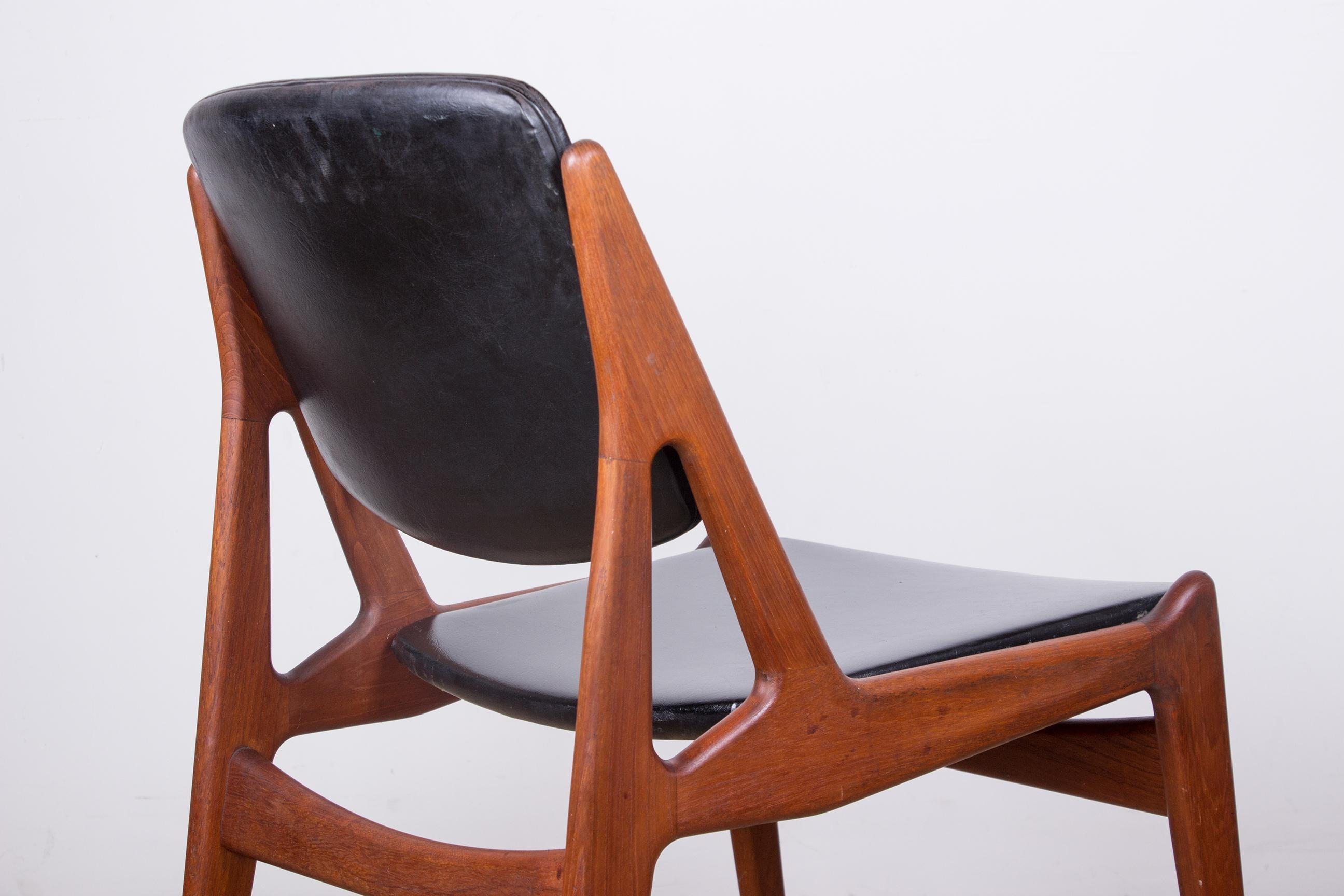 Suite of 4 Danish Teak and Black Skai Dining Chairs, 