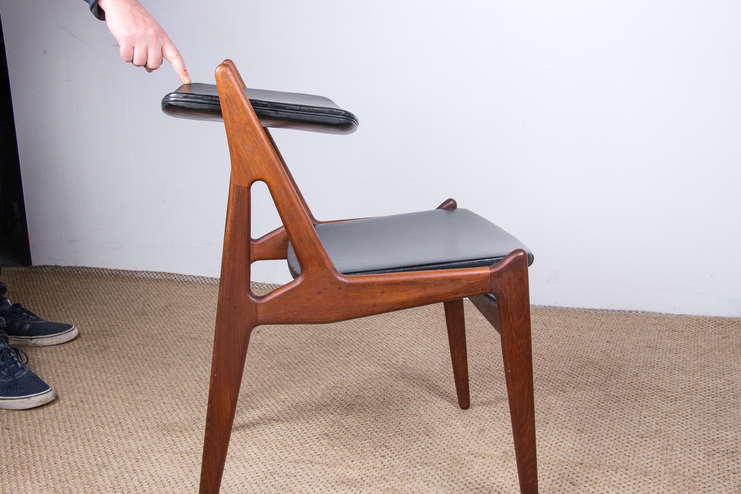 Suite of 4 Danish Teak and Black Skai Dining Chairs, 