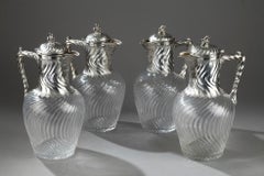 Suite of 4 Ewers in Silver and Crystal, 19th Century