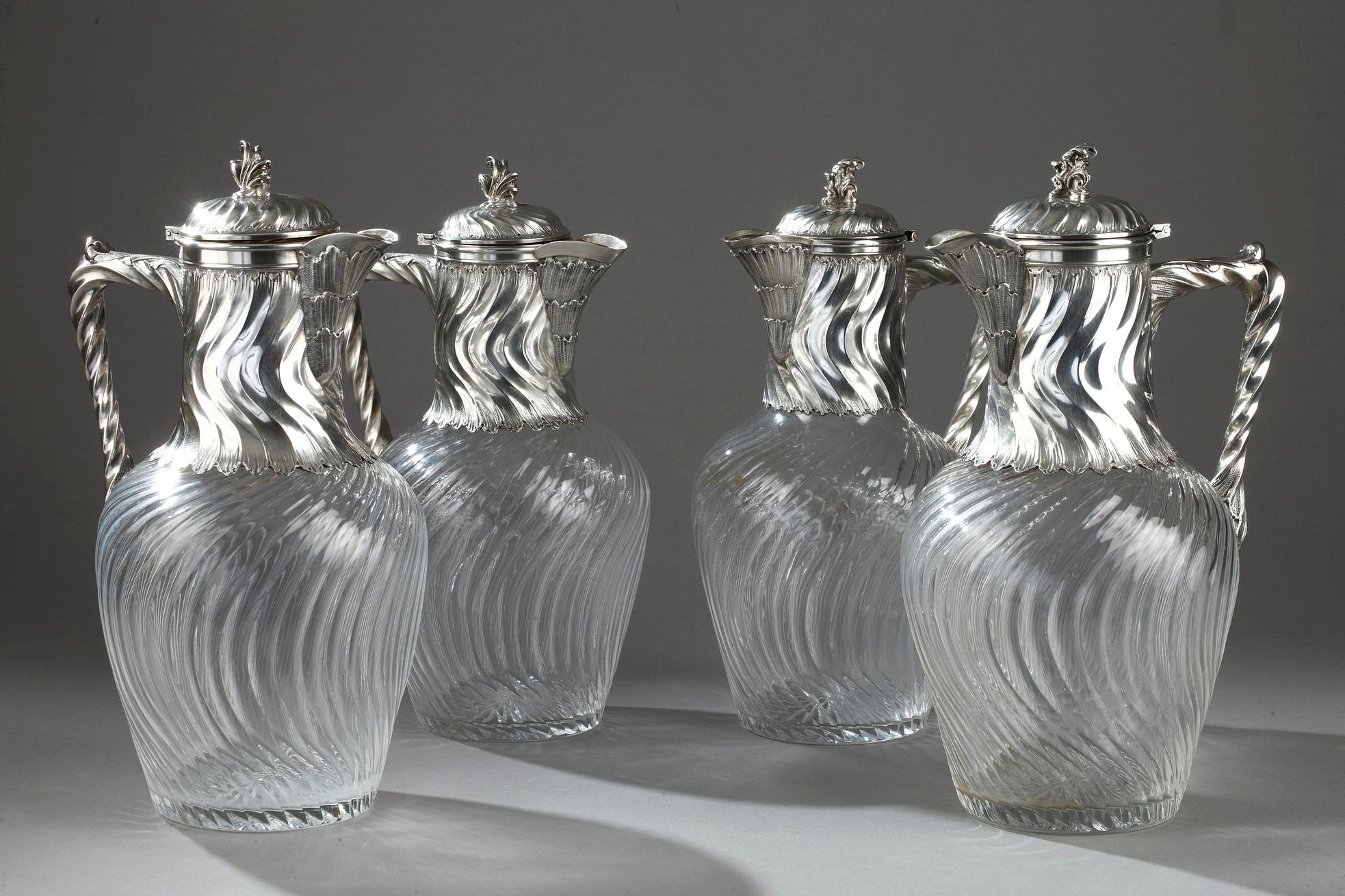 Napoleon III Suite of 4 Ewers in Silver and Crystal, 19th Century For Sale