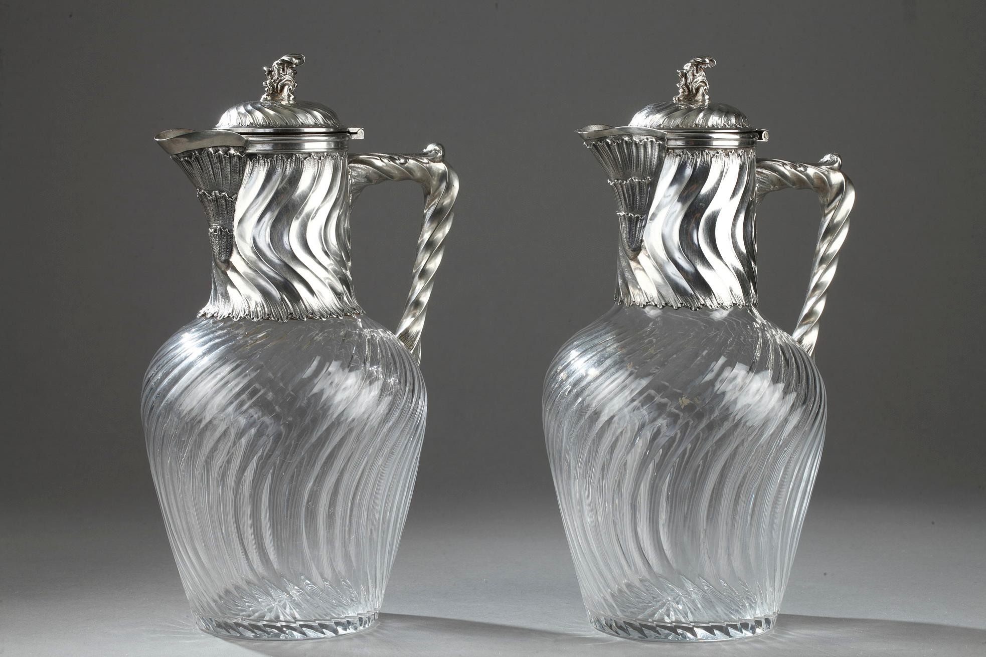 French Suite of 4 Ewers in Silver and Crystal, 19th Century For Sale