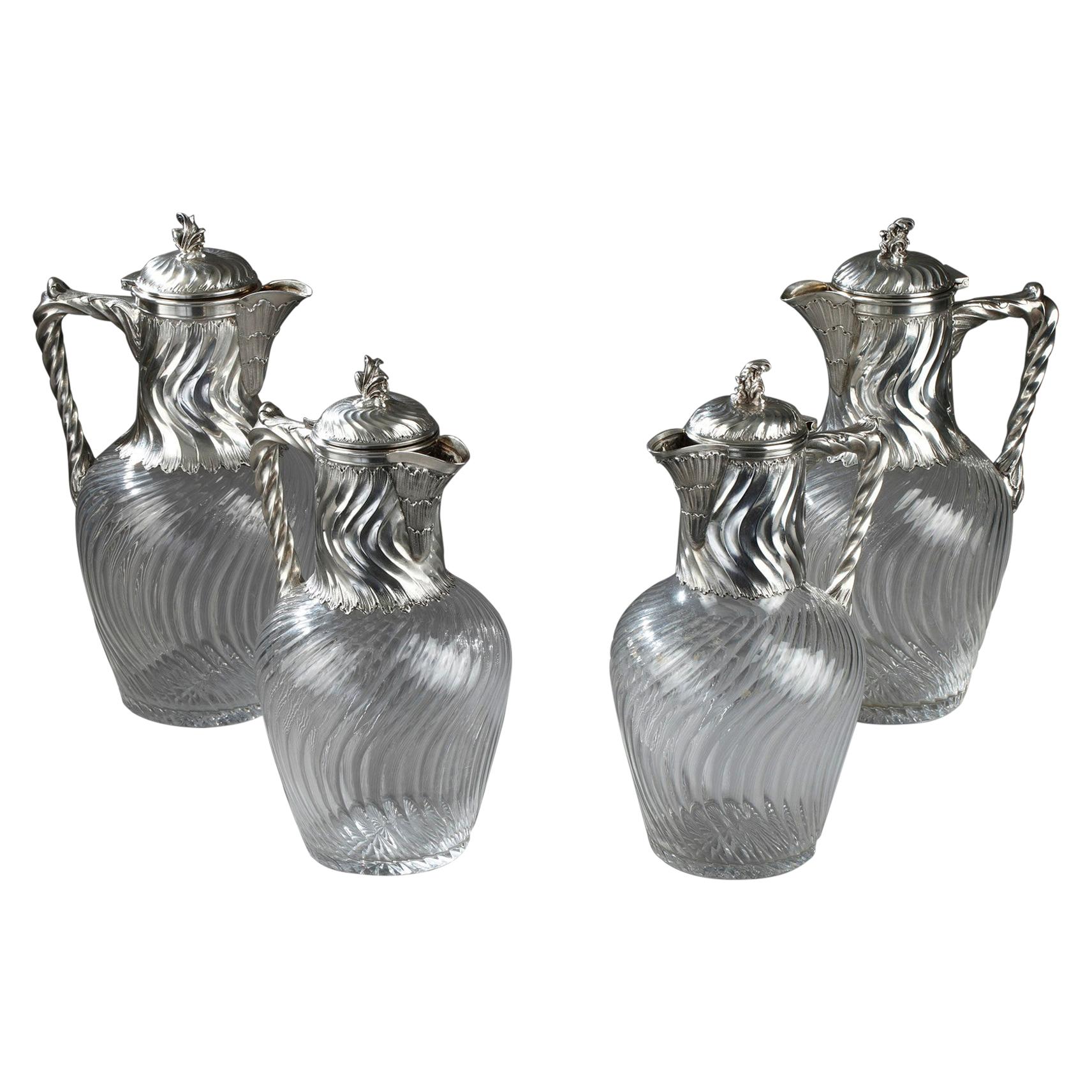 Suite of 4 Ewers in Silver and Crystal, 19th Century For Sale