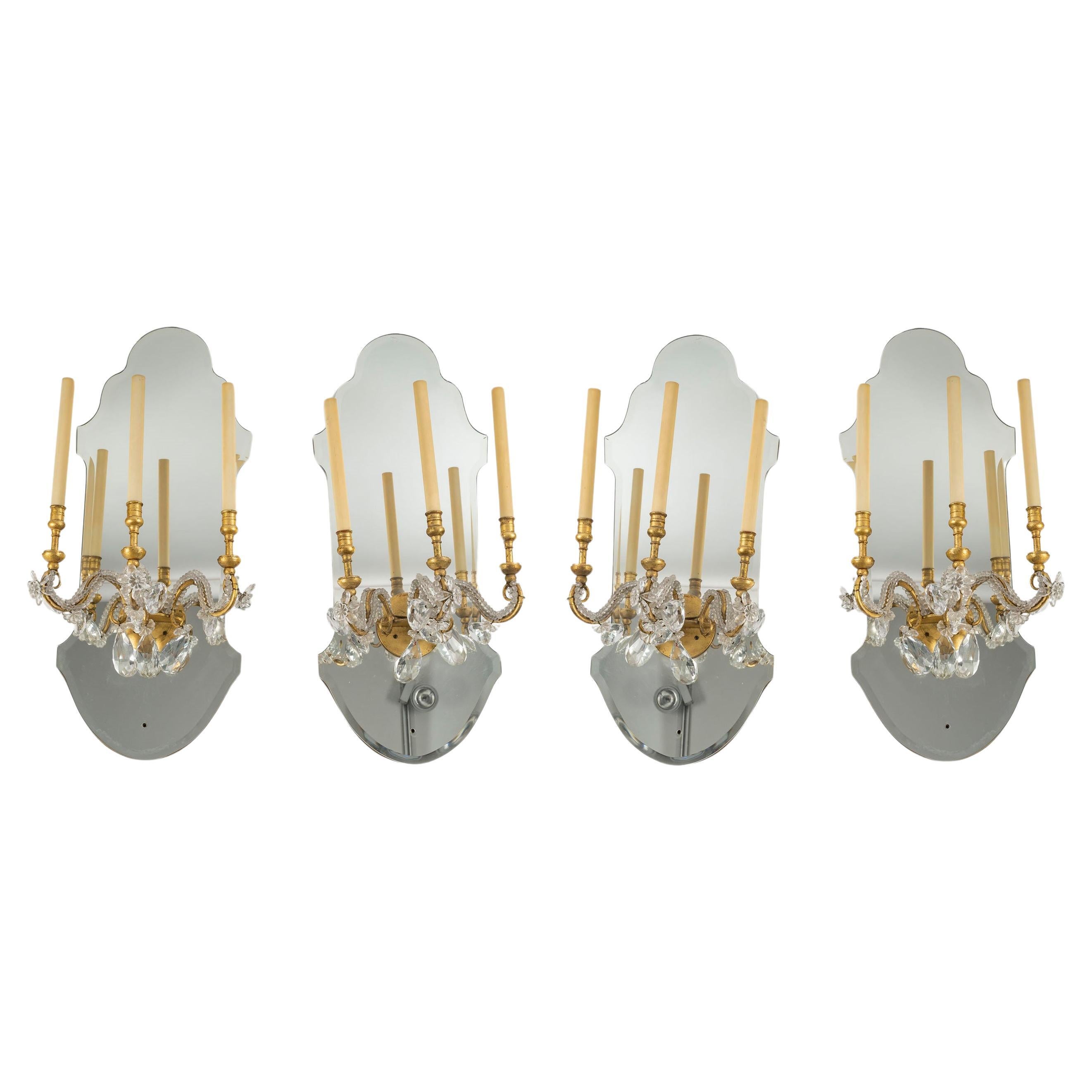 Suite of 4 Gilded Iron and Mirror Sconces with Glass Drops, 1950-1960.