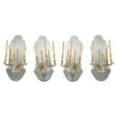 Suite of 4 Gilded Iron and Mirror Sconces with Glass Drops, 1950-1960.