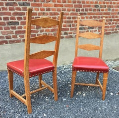Suite of 4 Oak Chairs, Faux Leather Covering, circa 1950