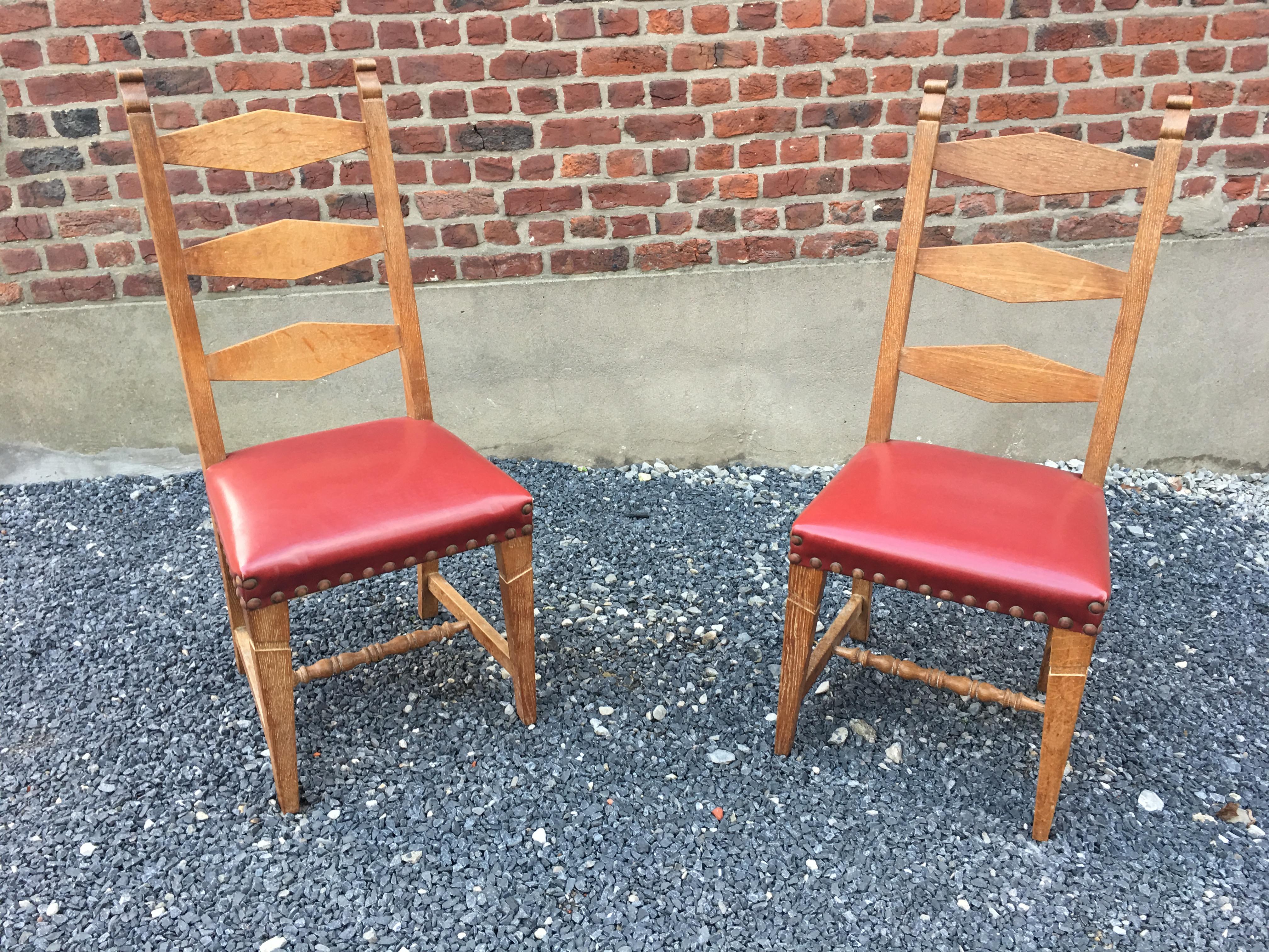 Mid-Century Modern Suite of 4 Oak Chairs, Faux Leather Covering, circa 1950 For Sale