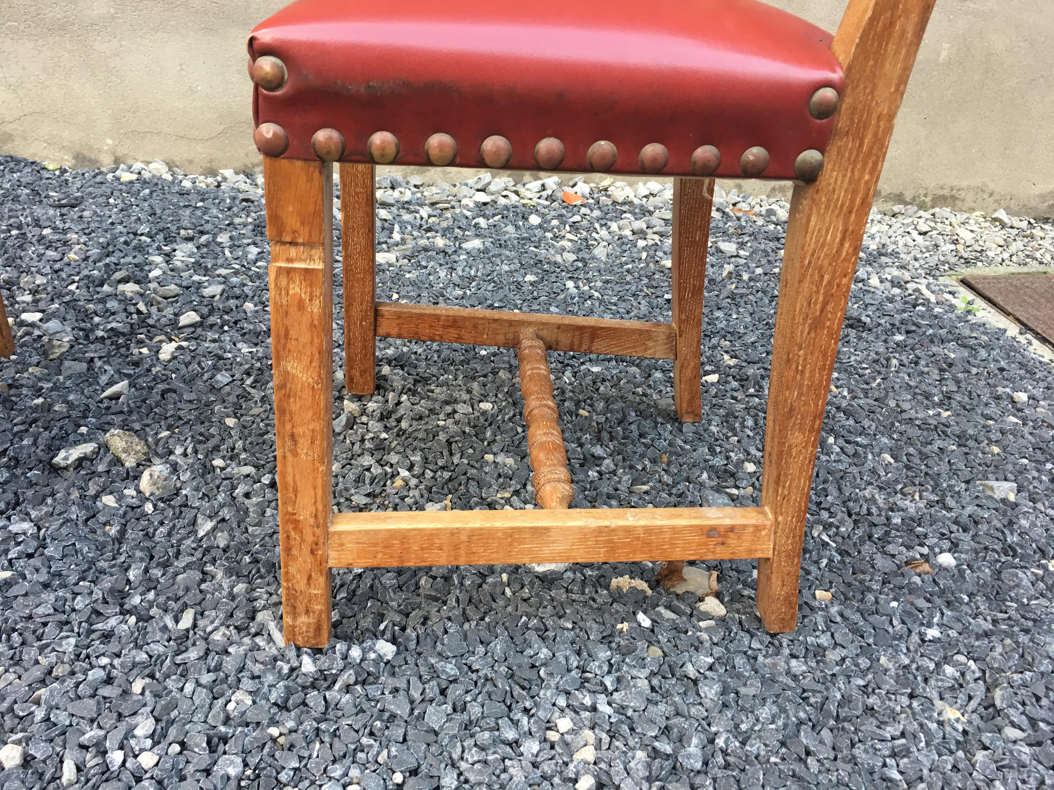 Suite of 4 Oak Chairs, Faux Leather Covering, circa 1950 For Sale 2
