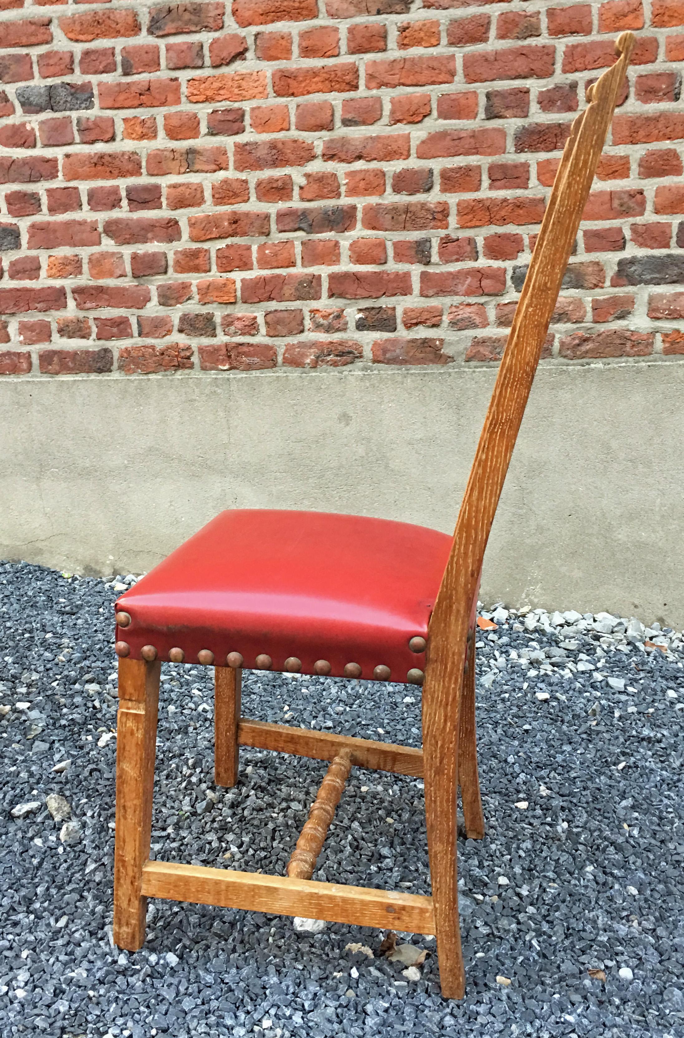 Suite of 4 Oak Chairs, Faux Leather Covering, circa 1950 For Sale 3