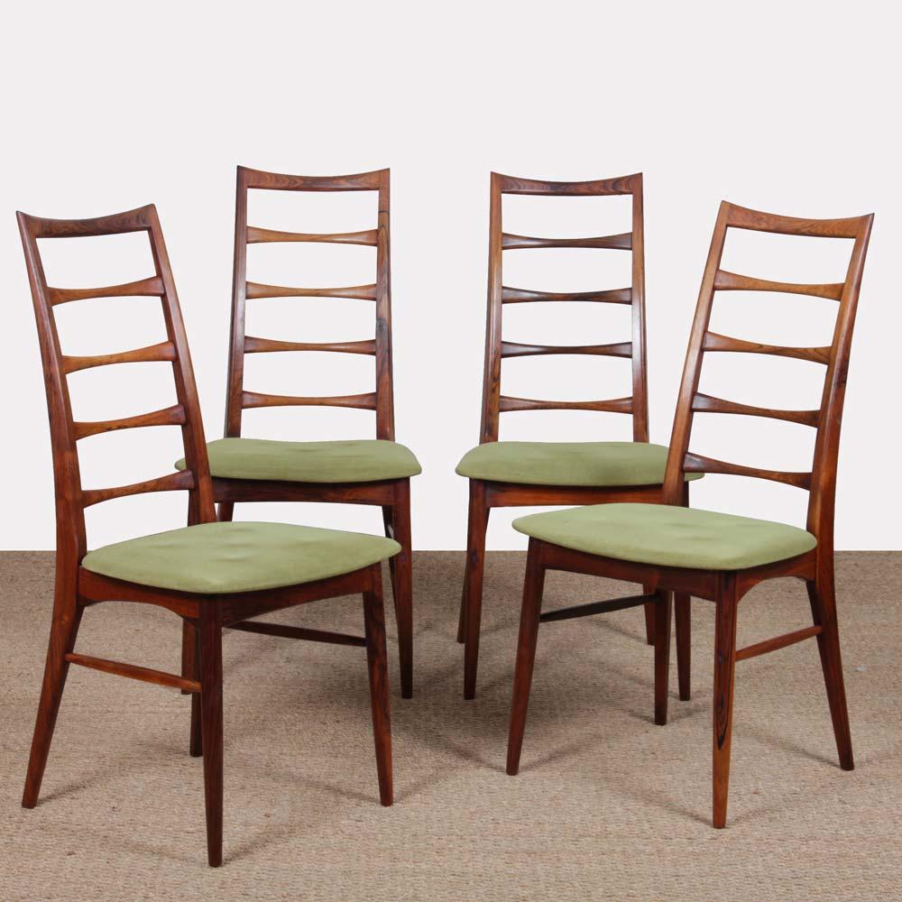 This suite of four Scandinavian rosewood chairs is a design by Niels Koefoed published by Koefoeds Møbelfabrik in the 1960s. It is the Lis model, named after one of his daughters - a series that also includes the Eva, Ingrid and Peter models. It has