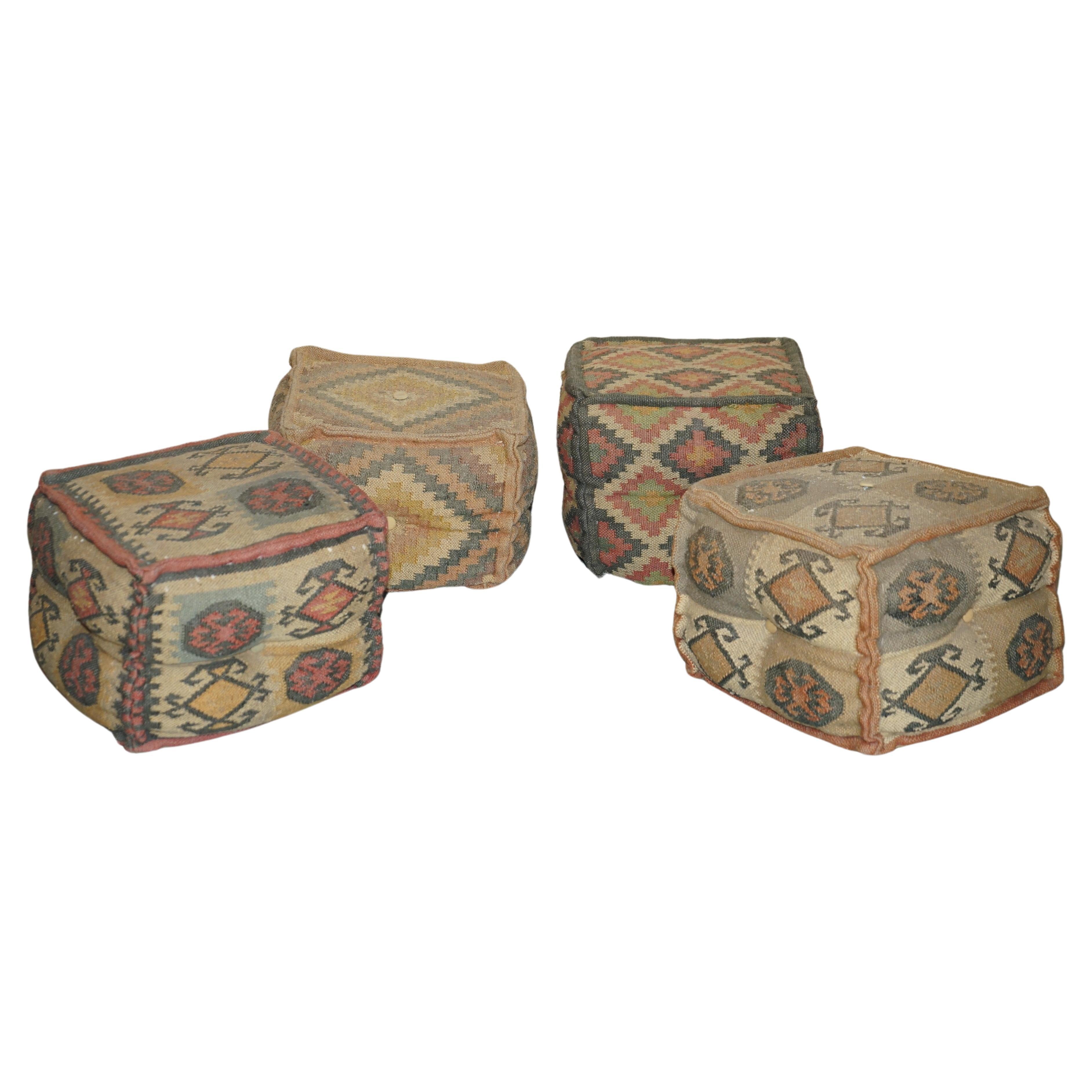 Suite of 4 Vintage circa 1960's George Smith Style Kilim Footstool Cube Stools For Sale