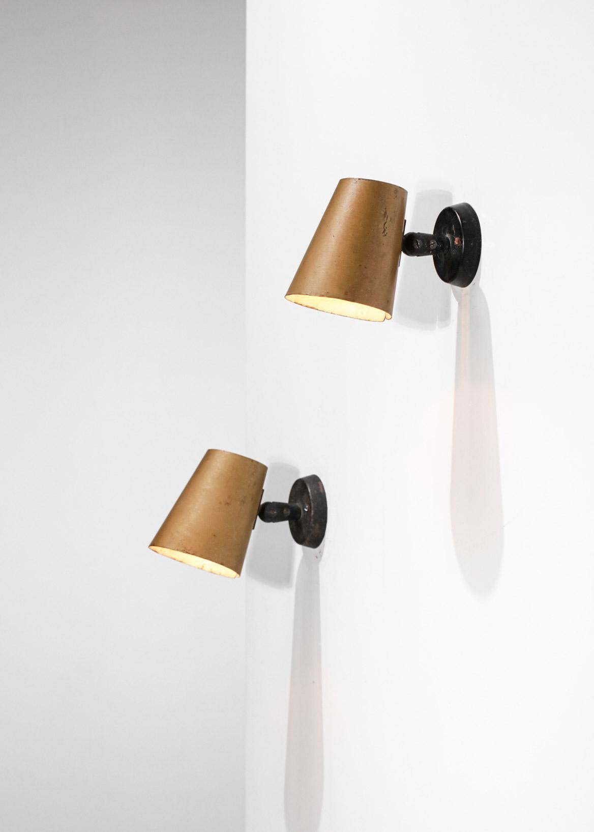French Pair of wall Lamps 60's Lacquered Metal Sand Gold For Sale