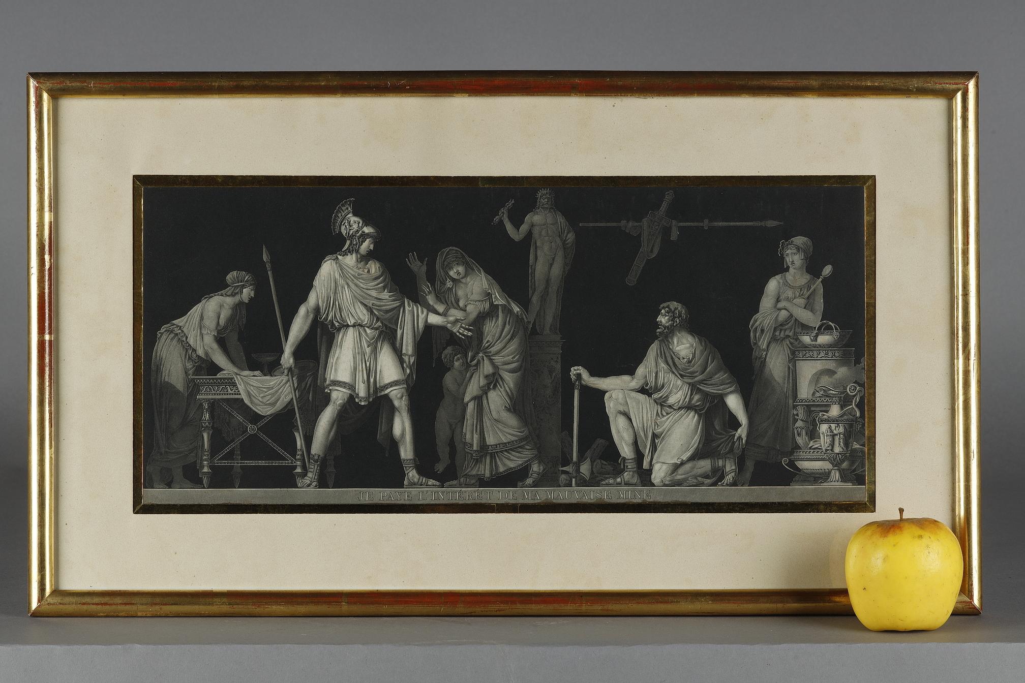 Suite de 5 gravures à l'eau-forte et à l'aquatinte d'époque Directoire représentant des scènes de l'Antiquité, d'après les dessins de l'auteur Jean-Guillaume MOITTE (1746-1810) et du graveur Jean François JANINET (1752-1814). François Jules Gabriel