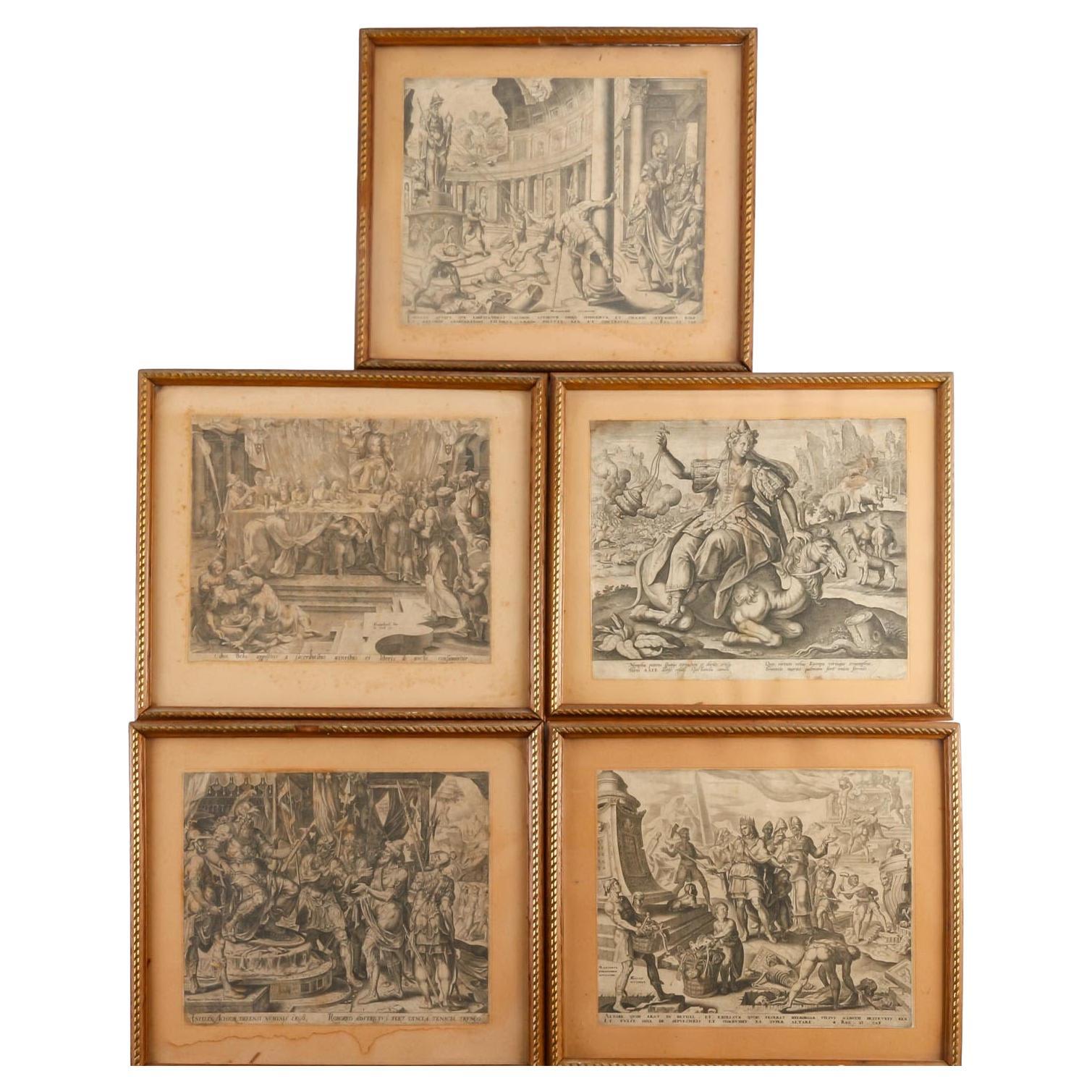Suite de 5 gravures encadrées, scènes antiques, 19e siècle. en vente