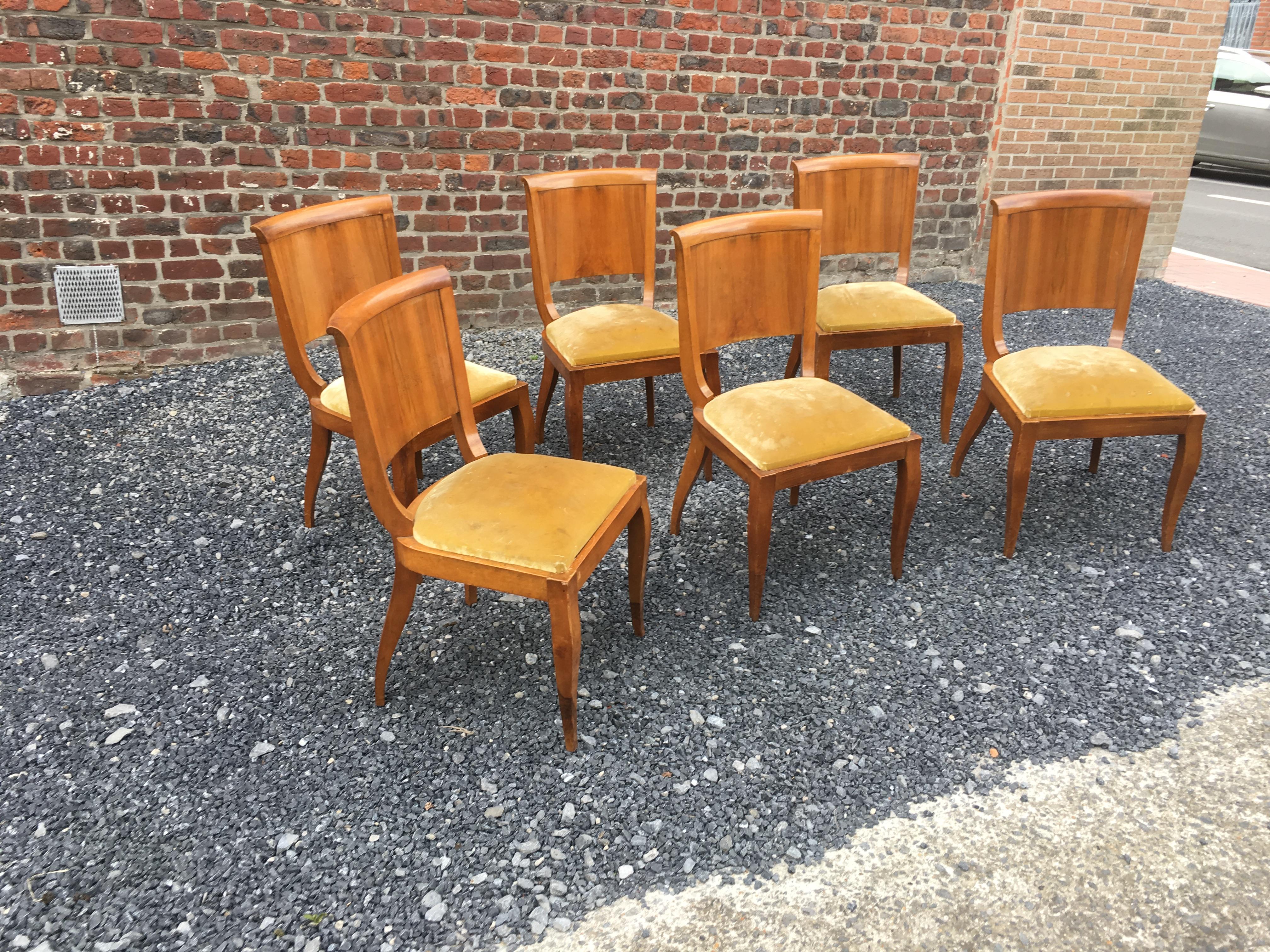 Suite of 6 Art Deco Chairs in Walnut and Walnut Veneer, circa 1930 For Sale 4