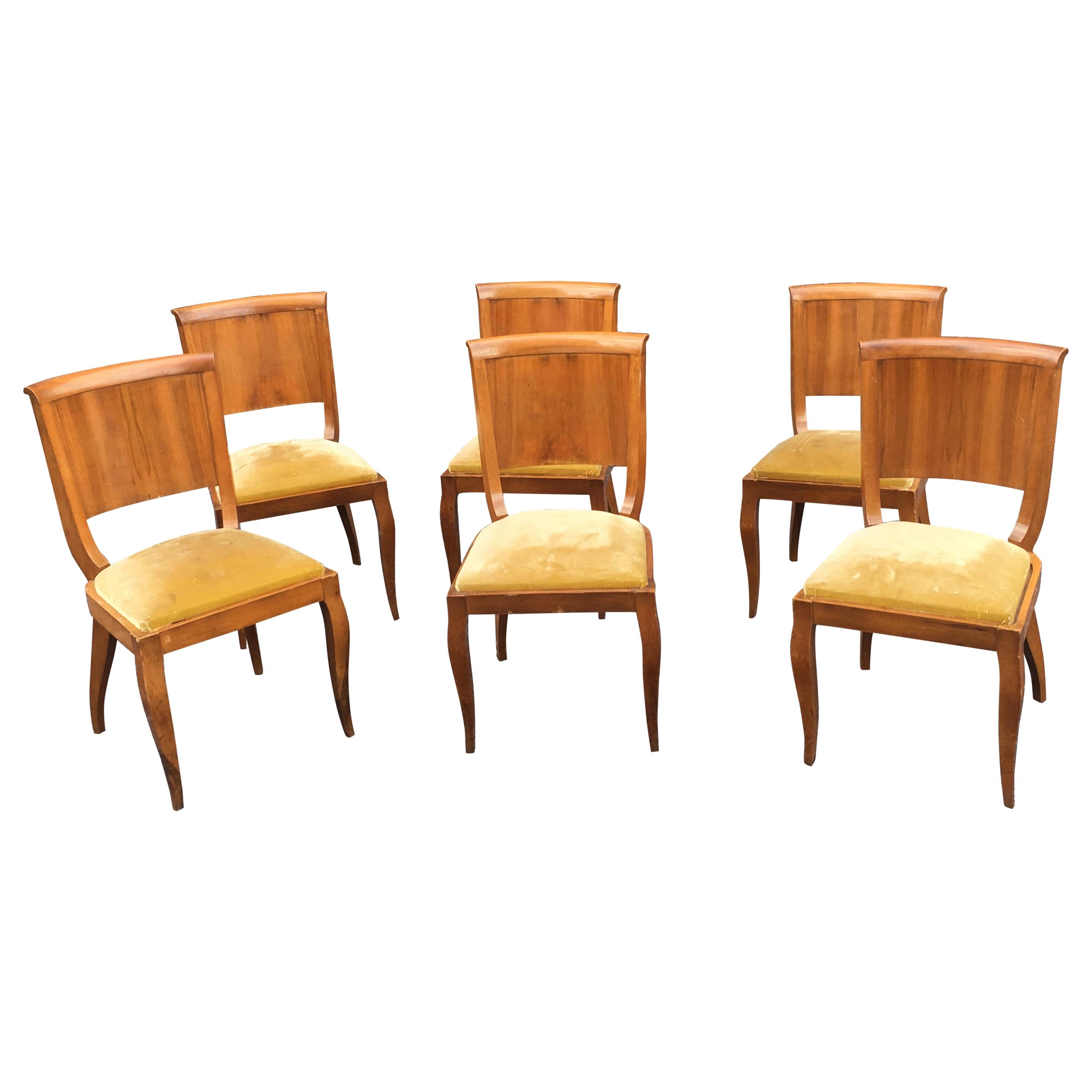 Suite of 6 Art Deco Chairs in Walnut and Walnut Veneer, circa 1930