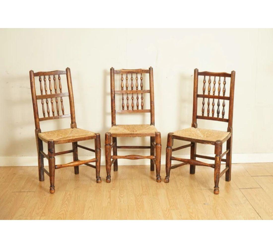 Hand-Crafted Suite of 6 Back Dutch Elm Rush Seat Dining Chairs, Circa 1860's