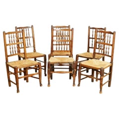 Suite of 6 Back Dutch Elm Rush Seat Dining Chairs, Circa 1860's