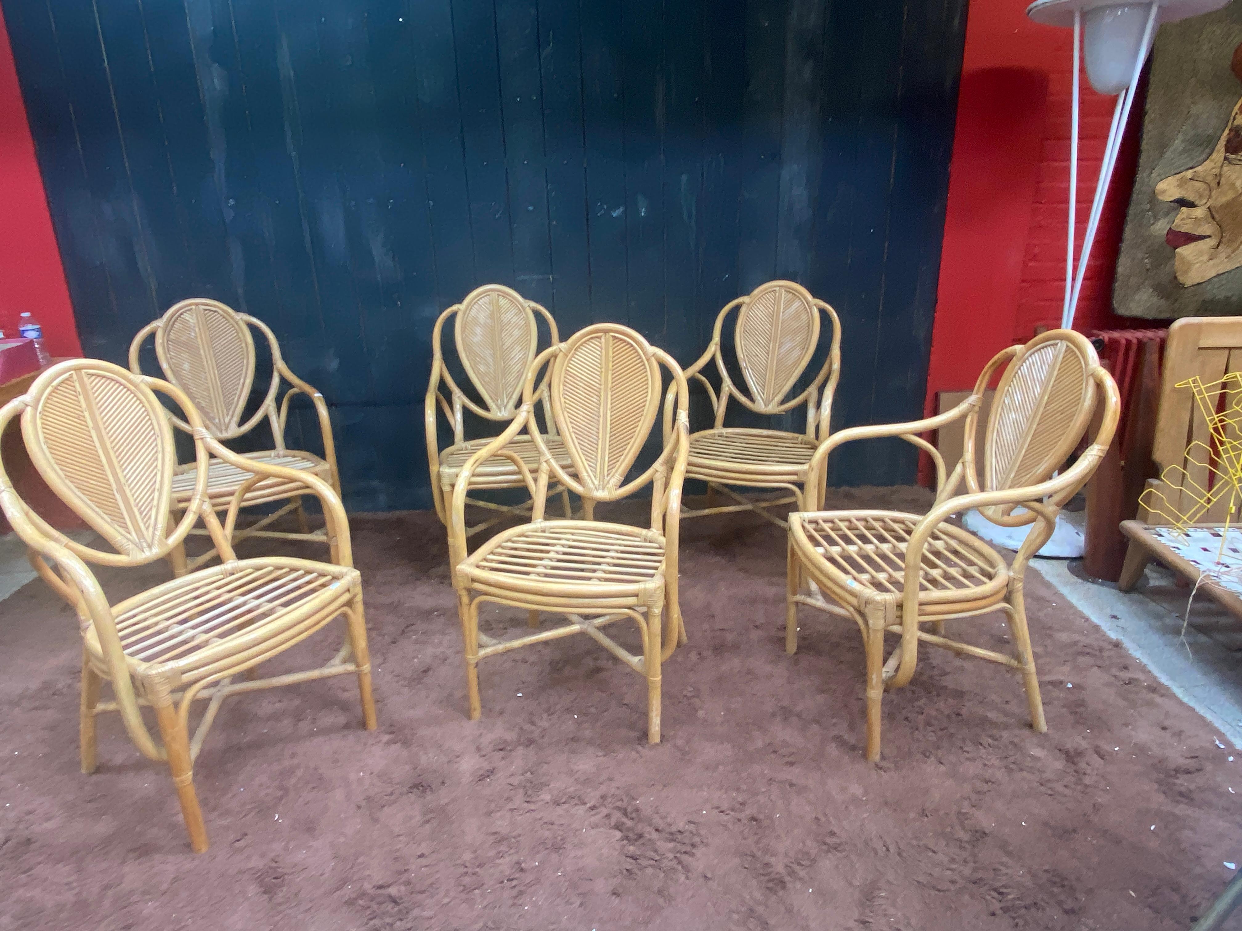 Français suite de 6 fauteuils en bambou circa 1970 en vente