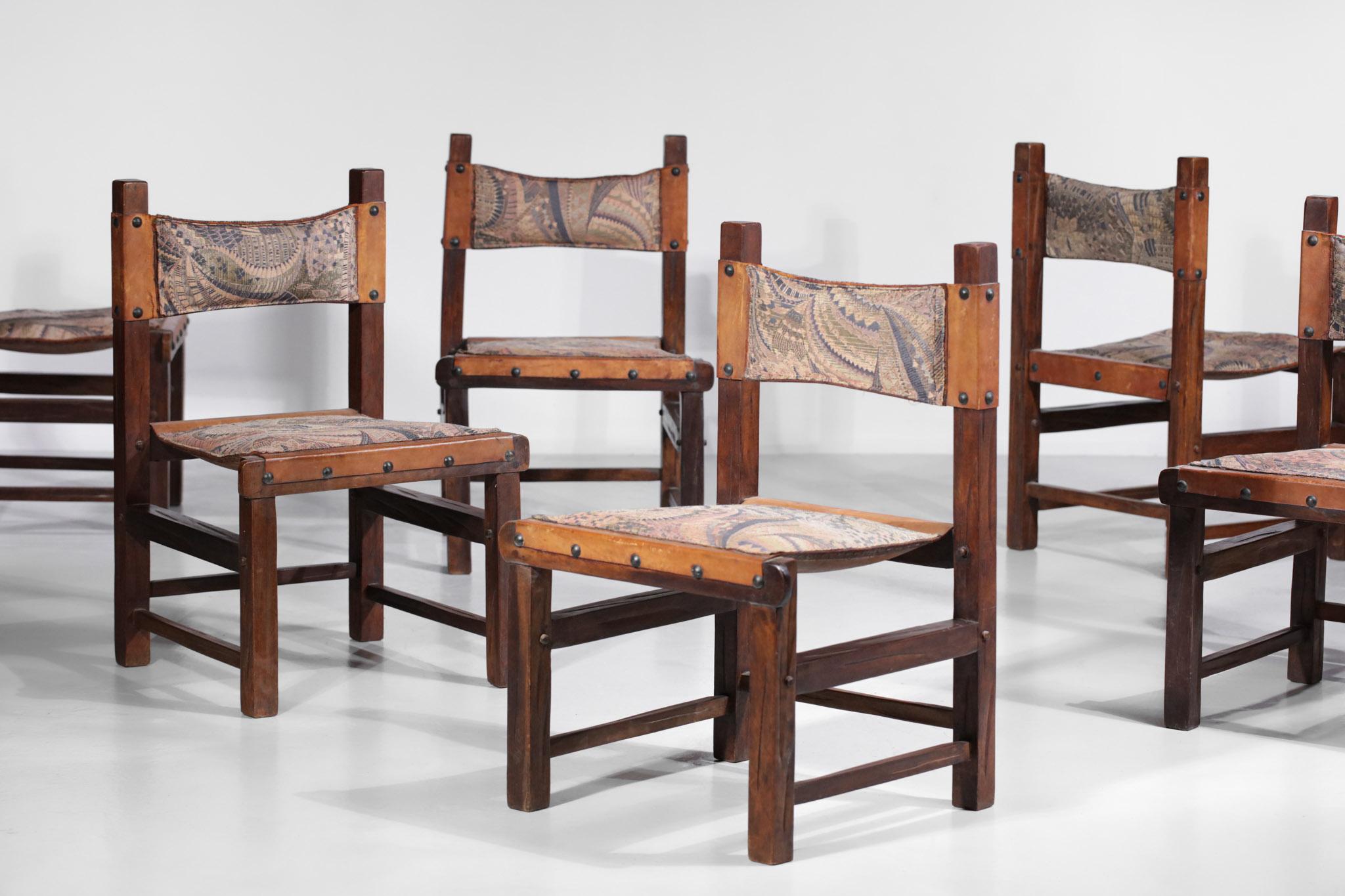 Mid-Century Modern Suite de 6 chaises brésiliennes des années 60 en cuir et bois massif F413 en vente
