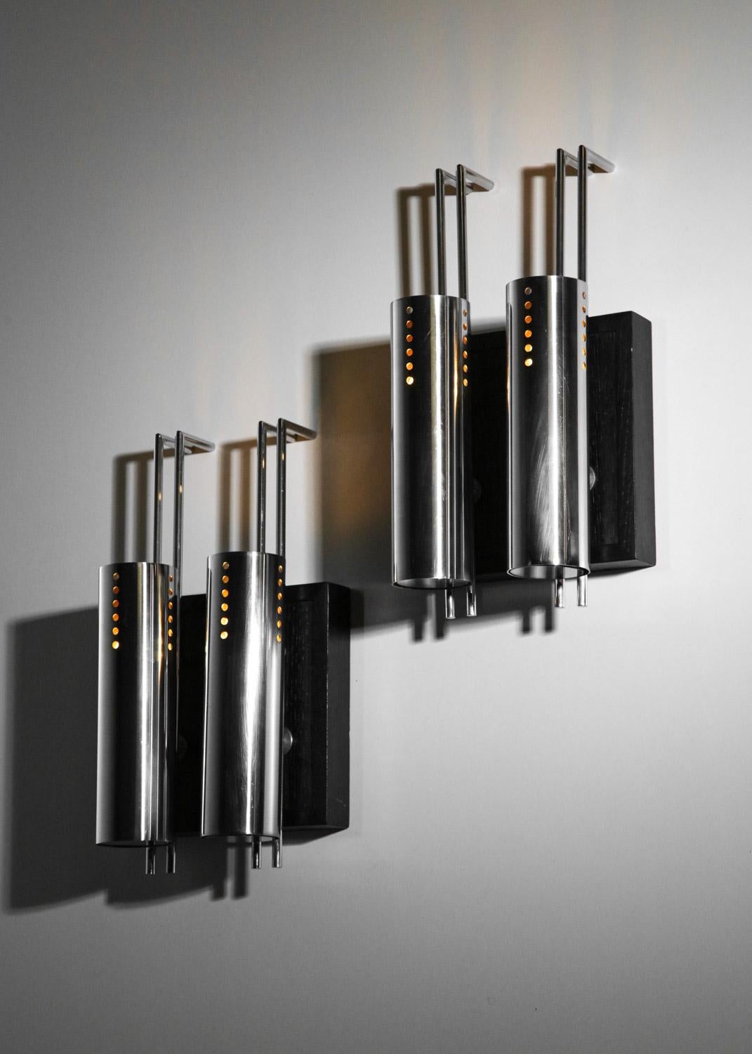 Suite of 6 double sconces chromed metal and blackened oak For Sale 7