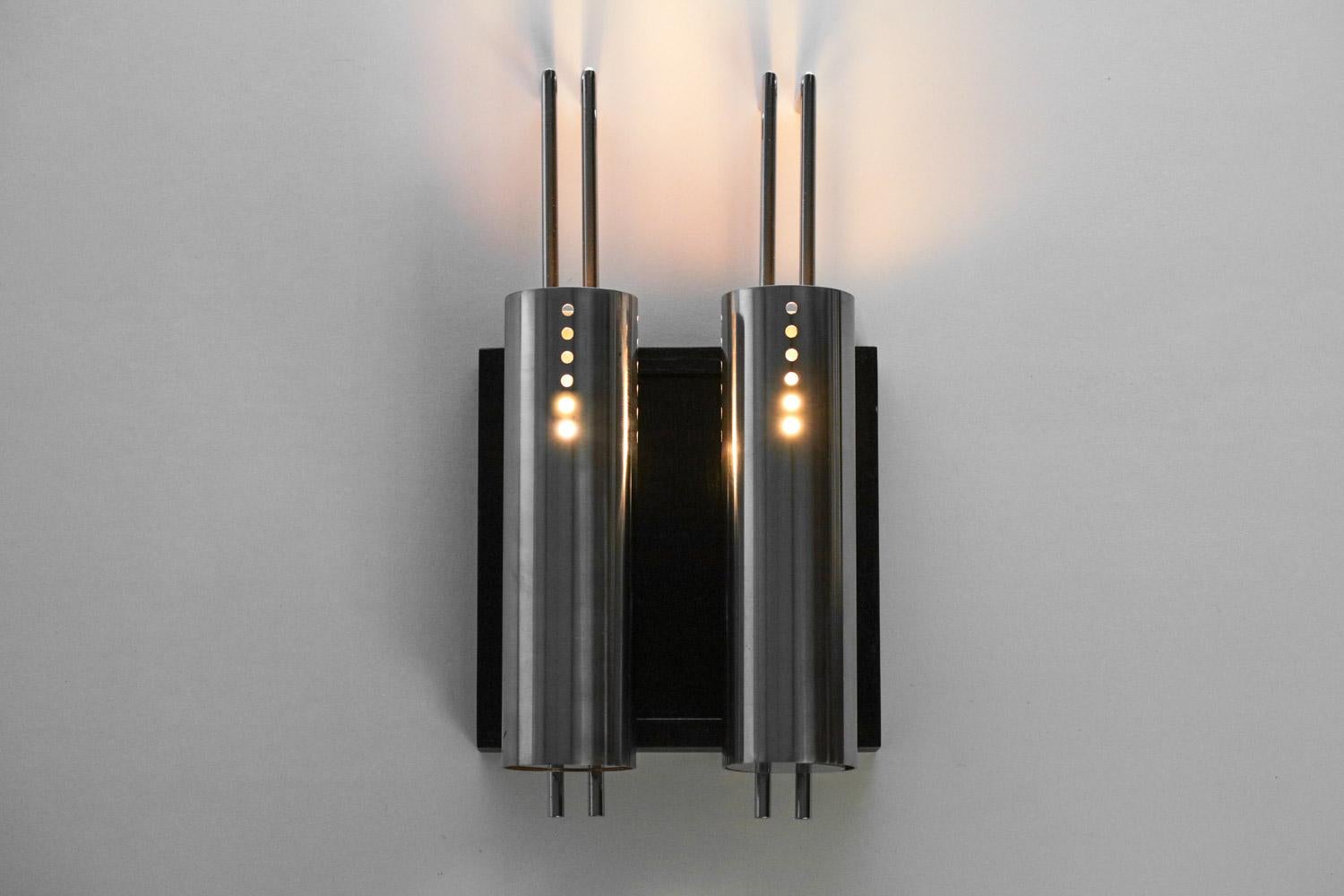 Suite of 6 double sconces chromed metal and blackened oak For Sale 12