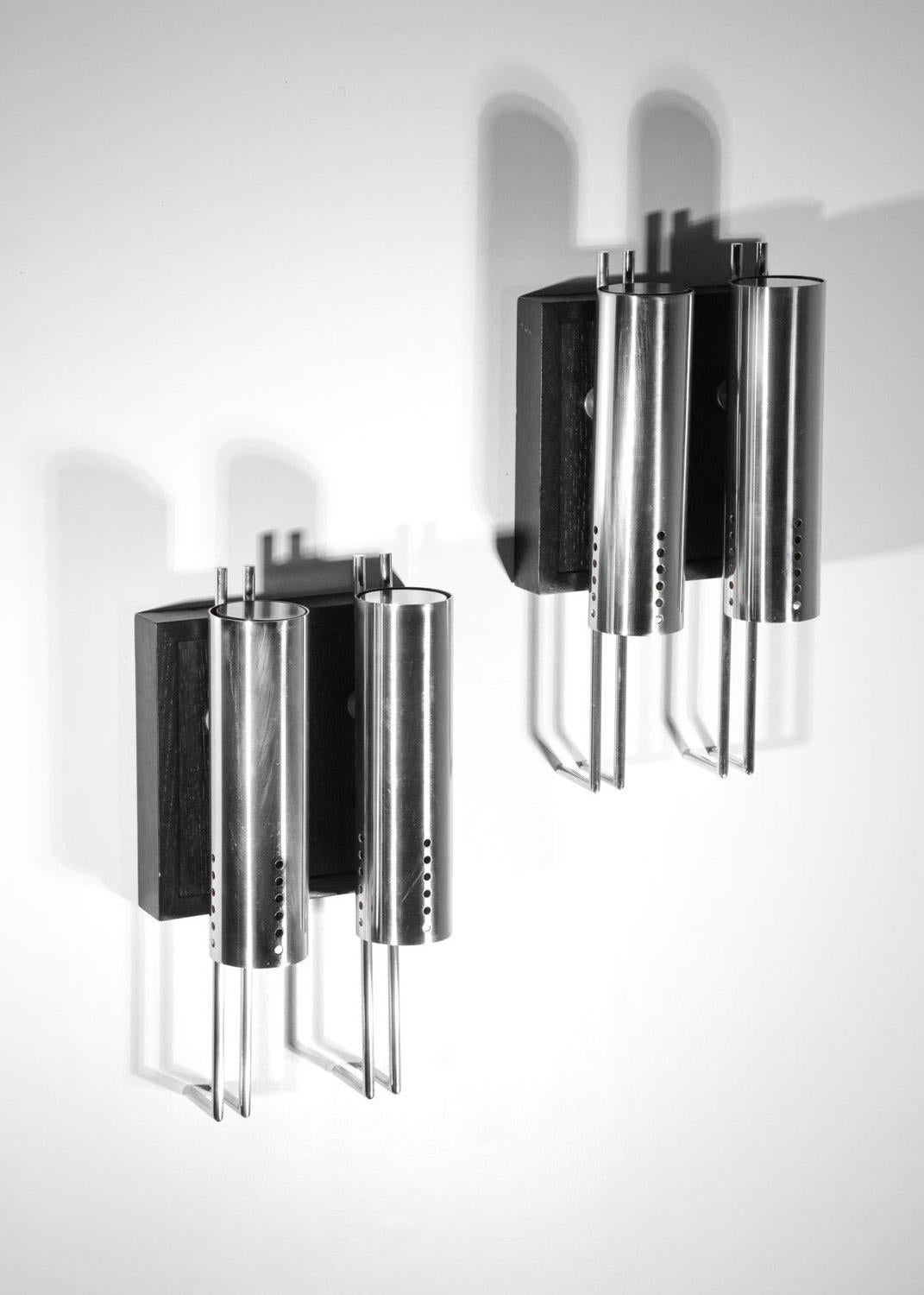 Mid-Century Modern Suite of 6 double sconces chromed metal and blackened oak For Sale