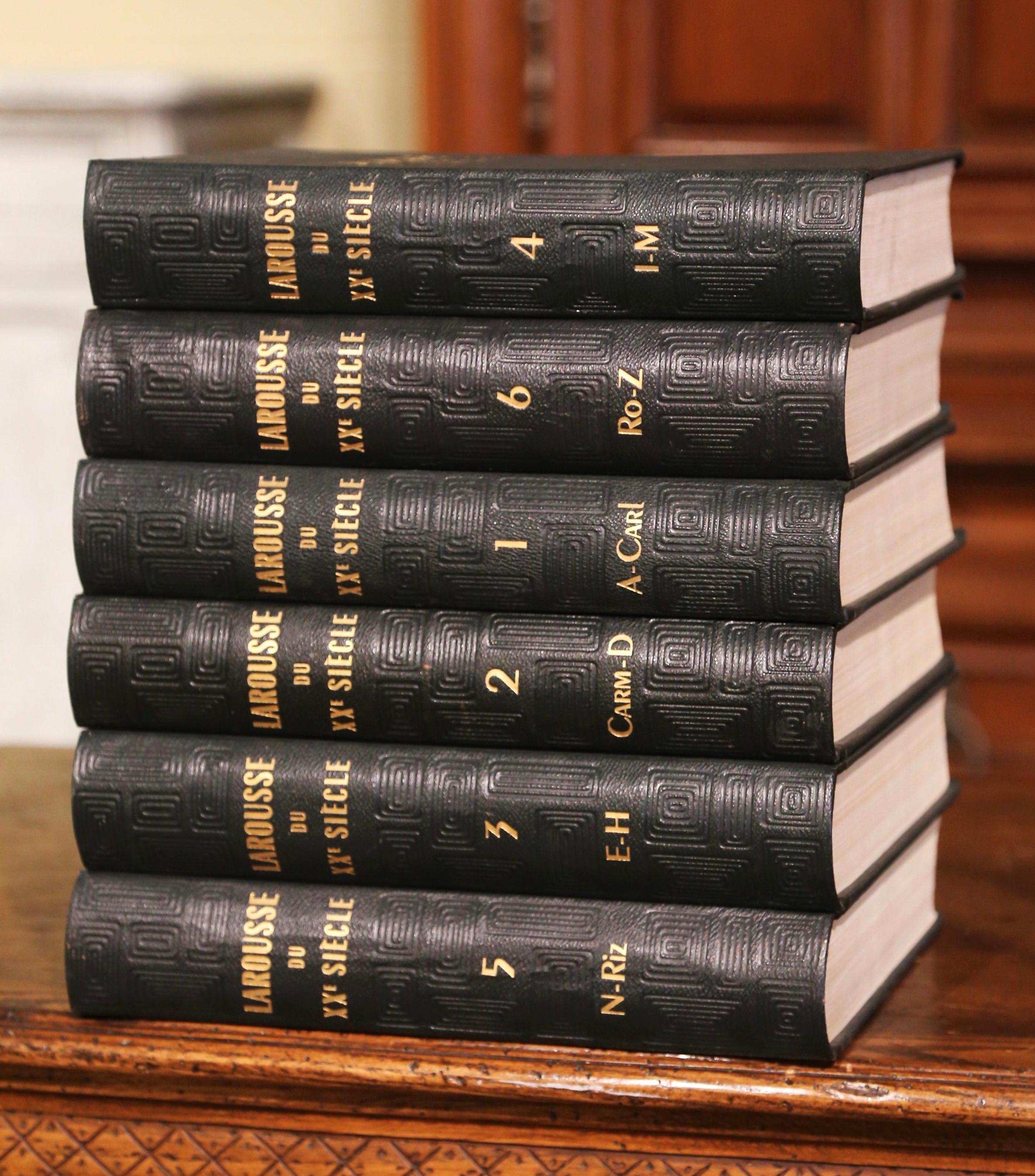 Hand-Crafted Suite of 6 Early 20th Century French Leather Bound Dictionary Books Dated 1929 For Sale