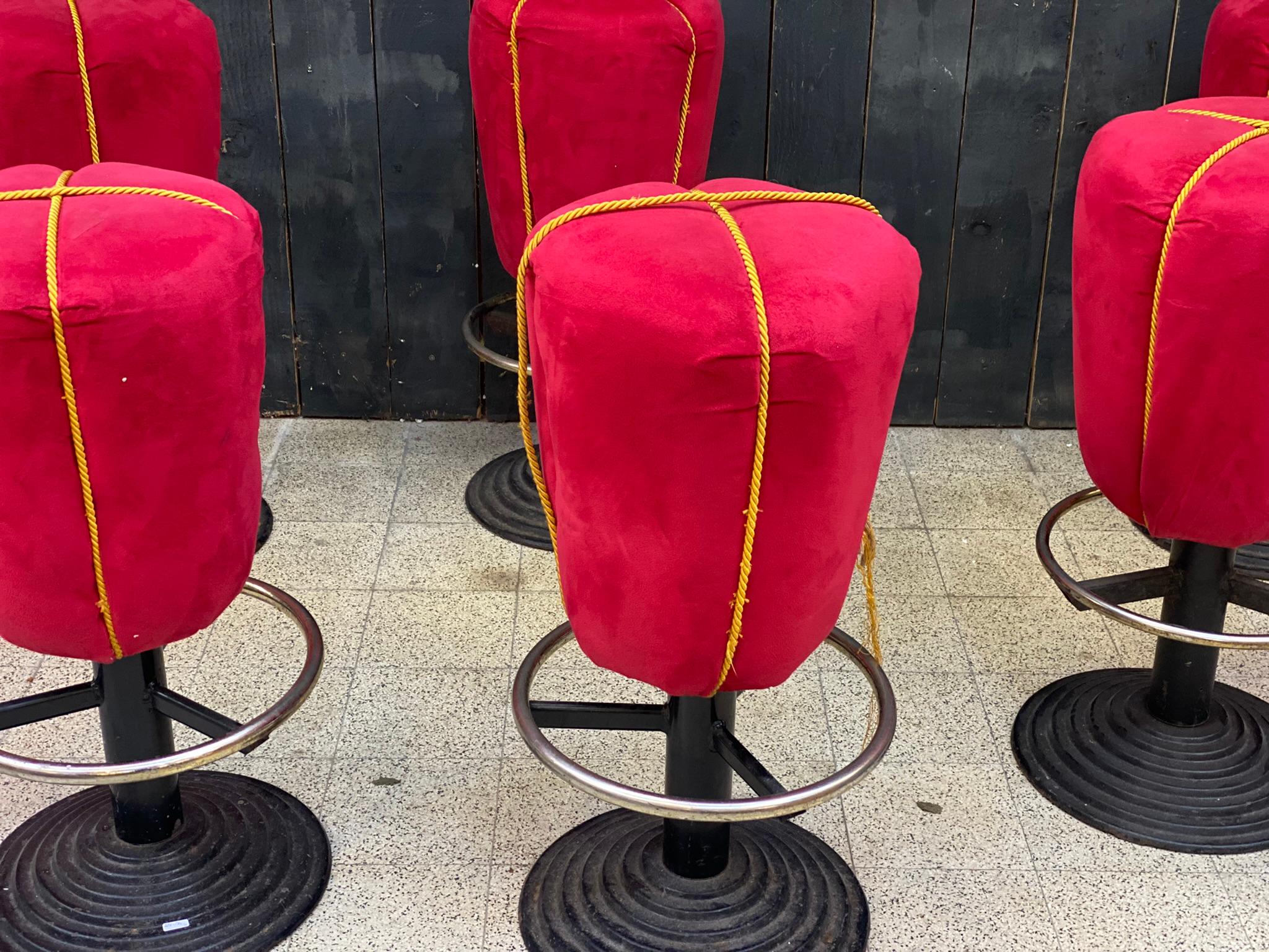 Modern Suite of 6 Fun Stools, Cast Iron Base, Seat Covered in Velvet  For Sale