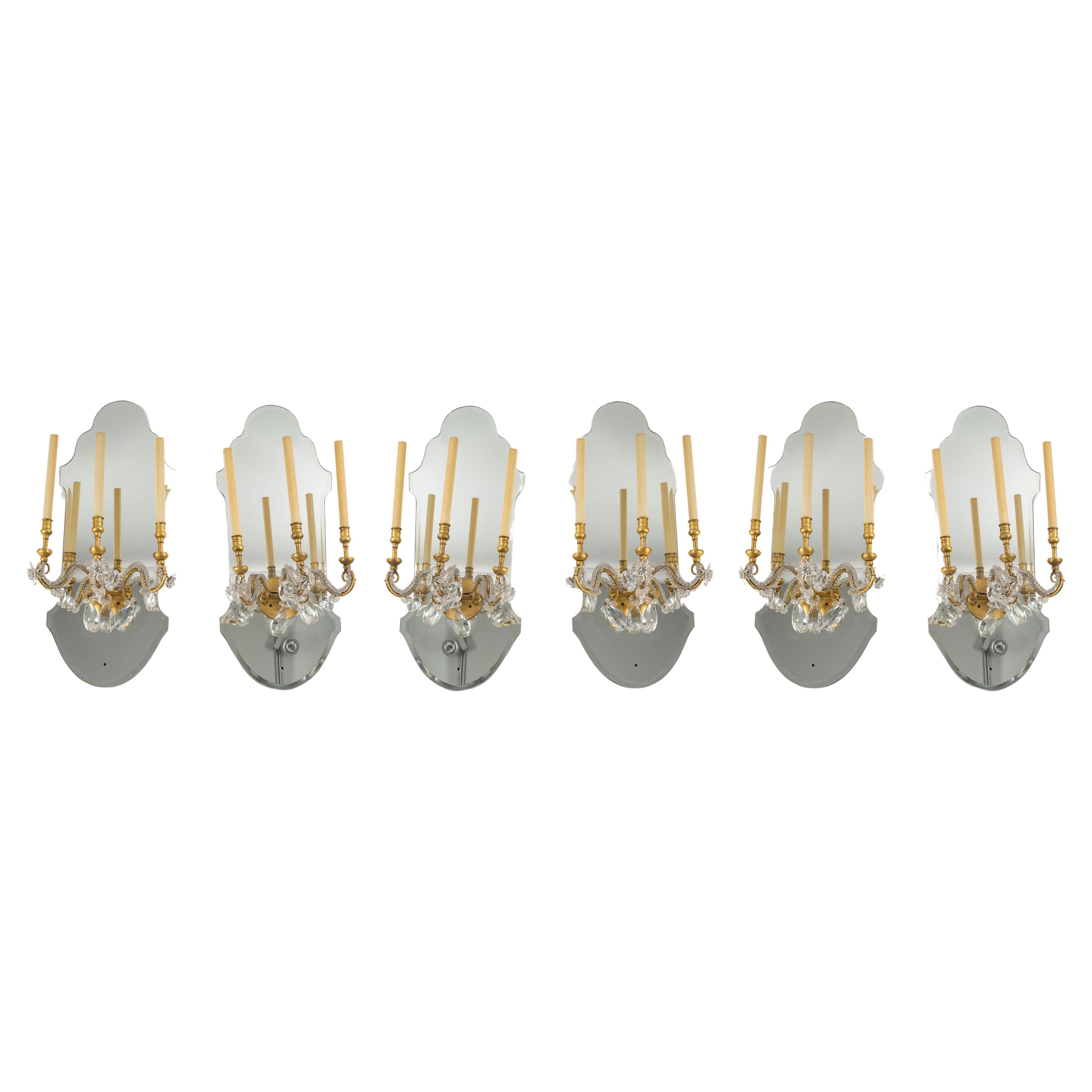 Suite of 6 Gilded Iron and Mirror Sconces with Glass Drops, 1950-1960. For Sale