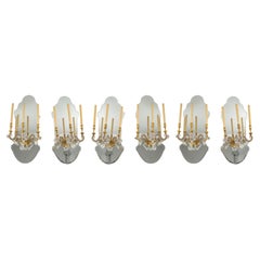 Suite of 6 Gilded Iron and Mirror Sconces with Glass Drops, 1950-1960.