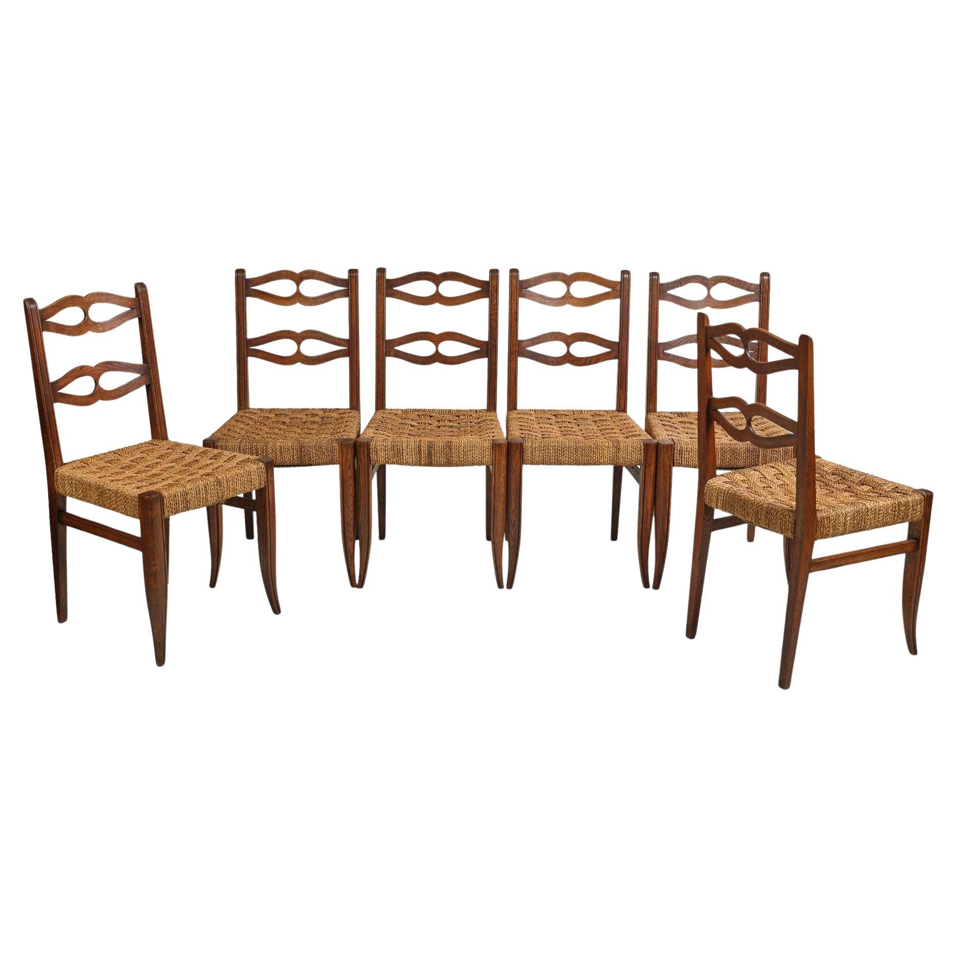 Suite of 6 interesting chaises en chêne et corde in the style of Audoux Minet.