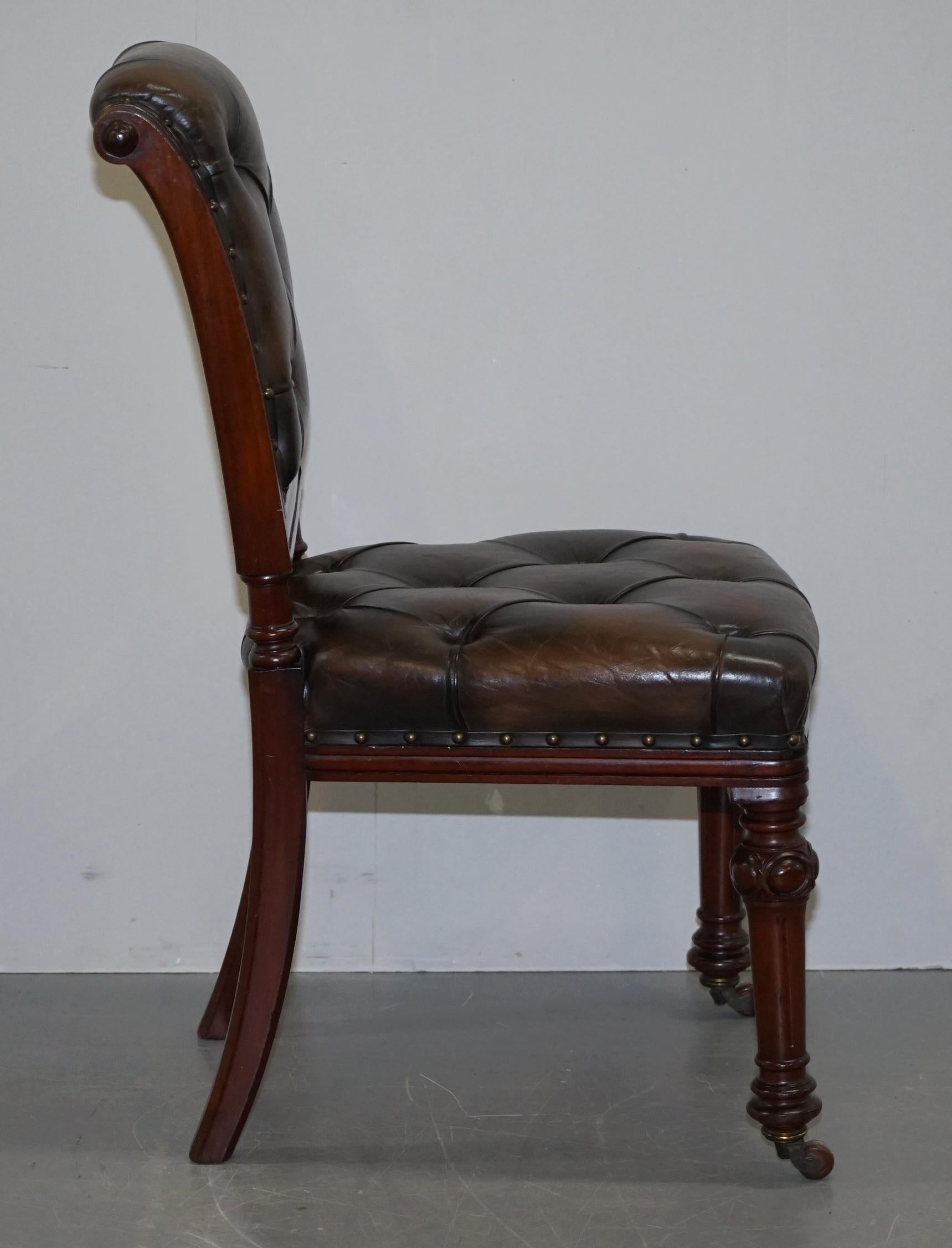 Suite of 6 John Crowe & Sons Victorian Chesterfield Brown Leather Dining Chairs 5