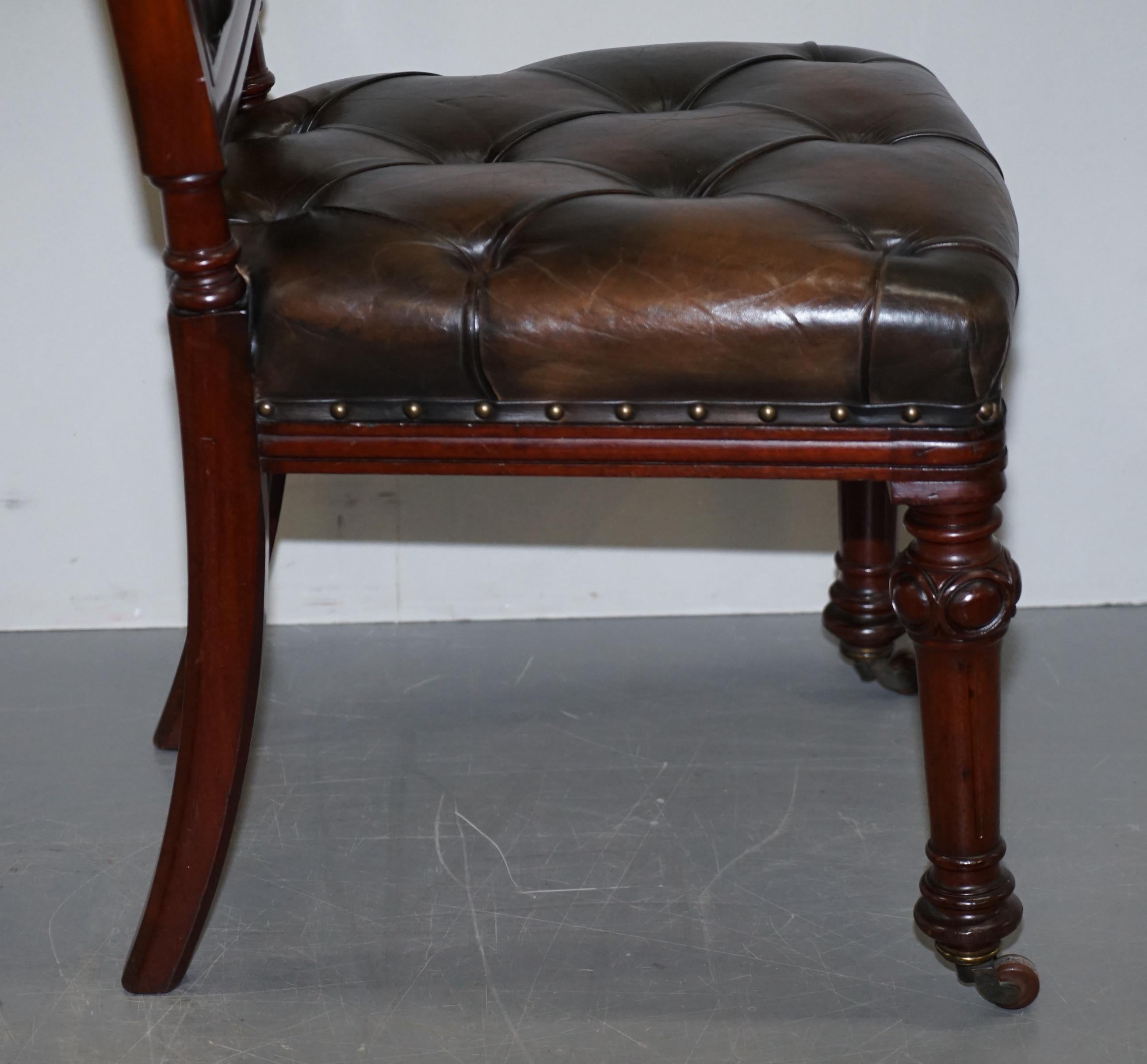 Suite of 6 John Crowe & Sons Victorian Chesterfield Brown Leather Dining Chairs 6