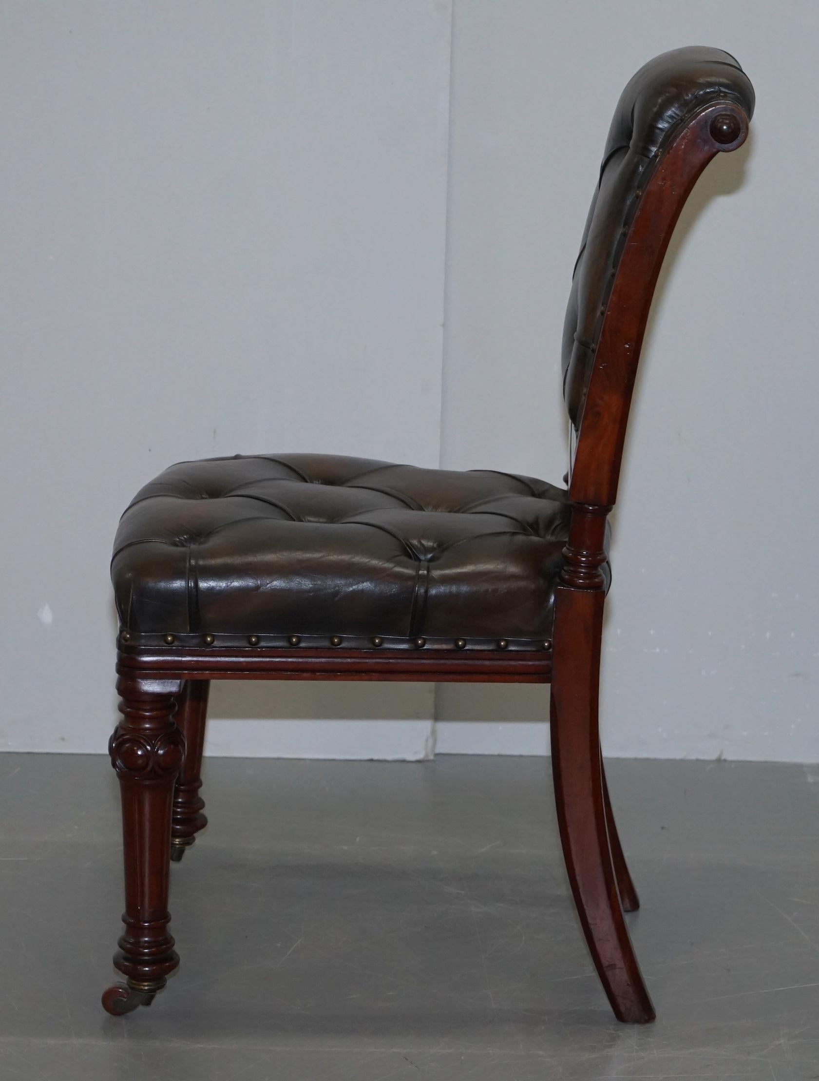 Suite of 6 John Crowe & Sons Victorian Chesterfield Brown Leather Dining Chairs 9