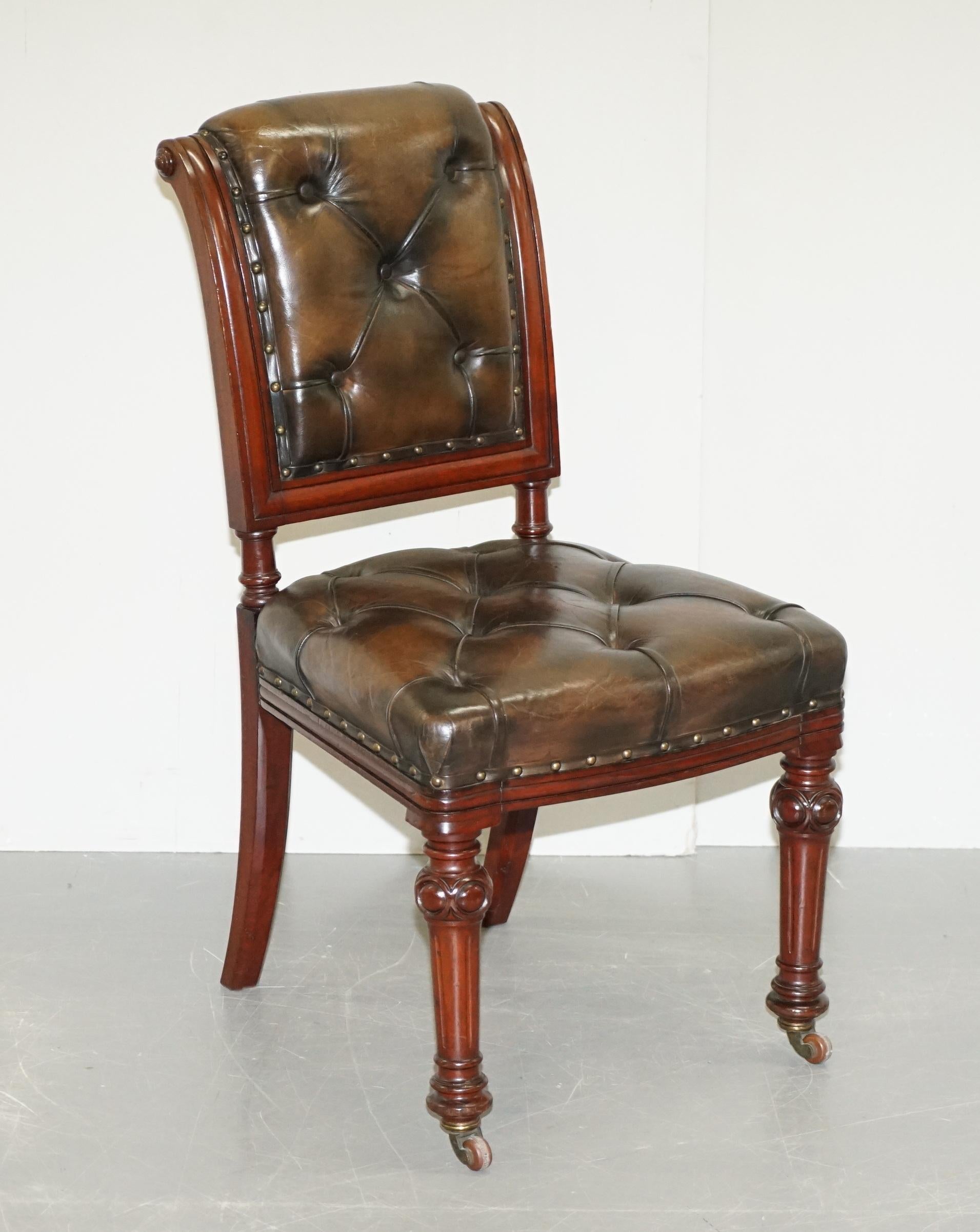 We are delighted to offer for sale this very rare suite of six Victorian Chesterfield conker brown leather dining chairs circa 1840 made by John Crowe & Son's 

These are a very important and substantial set of chairs, each chair is stamped inside