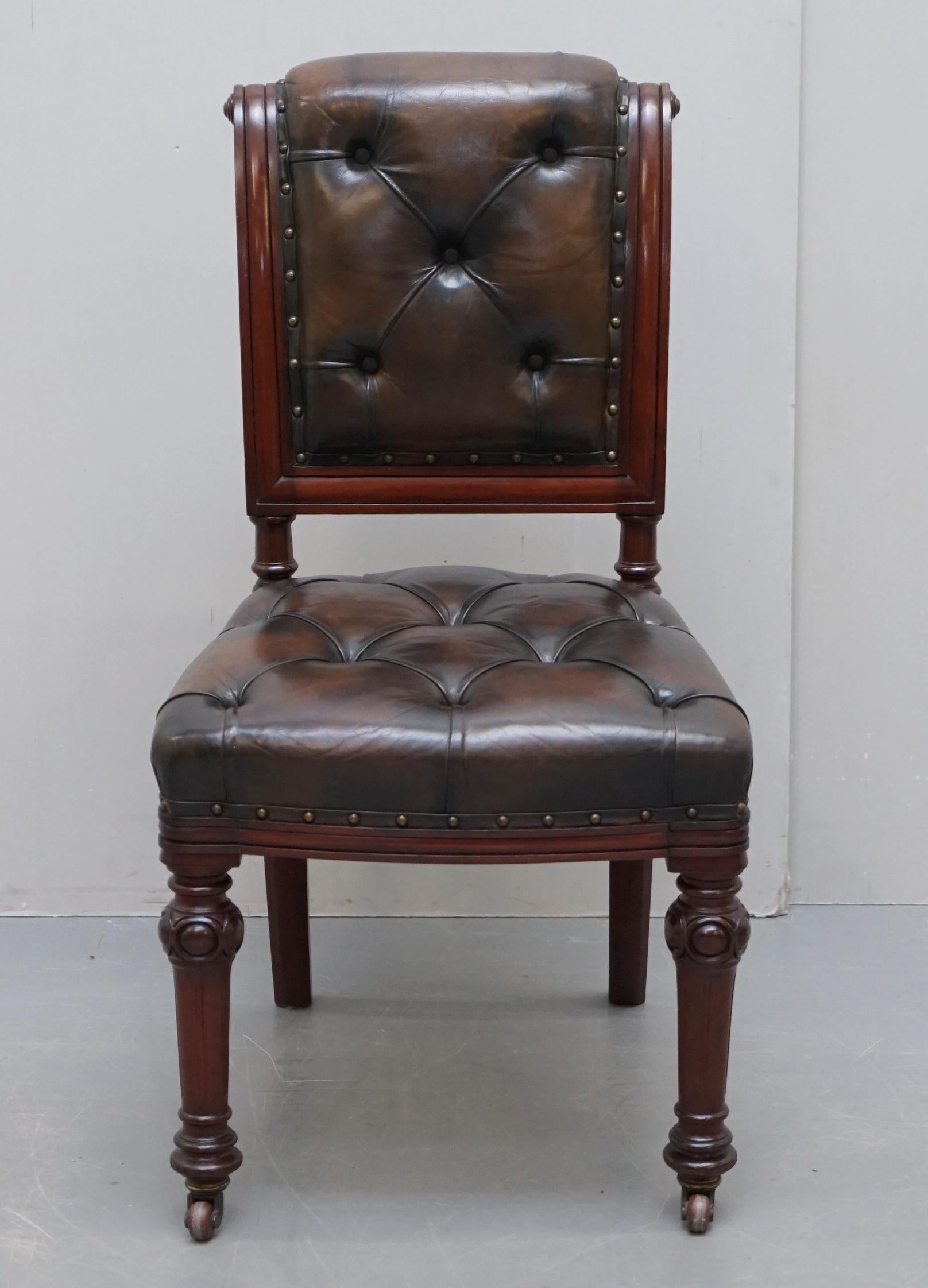 Early Victorian Suite of 6 John Crowe & Sons Victorian Chesterfield Brown Leather Dining Chairs