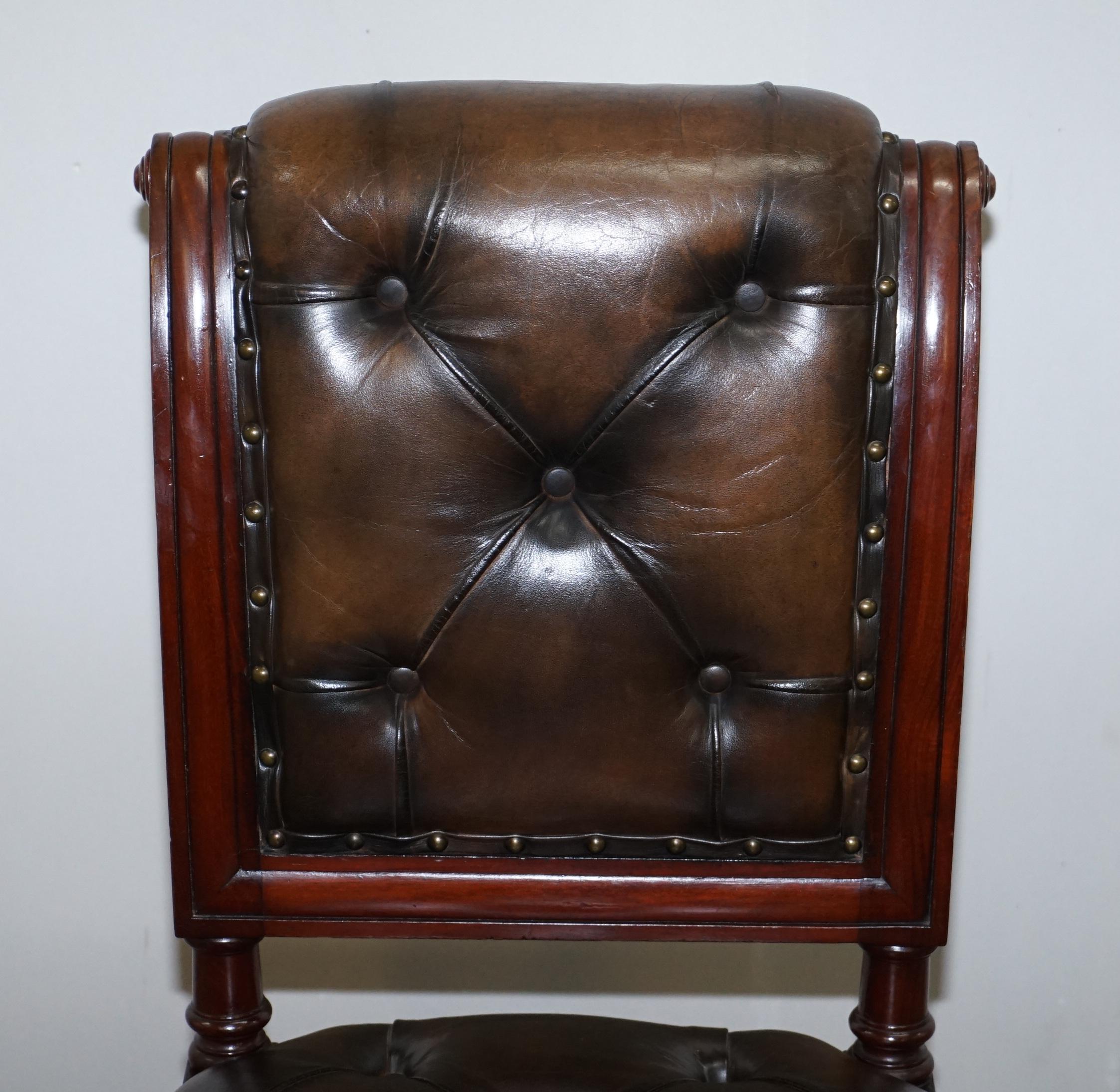 English Suite of 6 John Crowe & Sons Victorian Chesterfield Brown Leather Dining Chairs