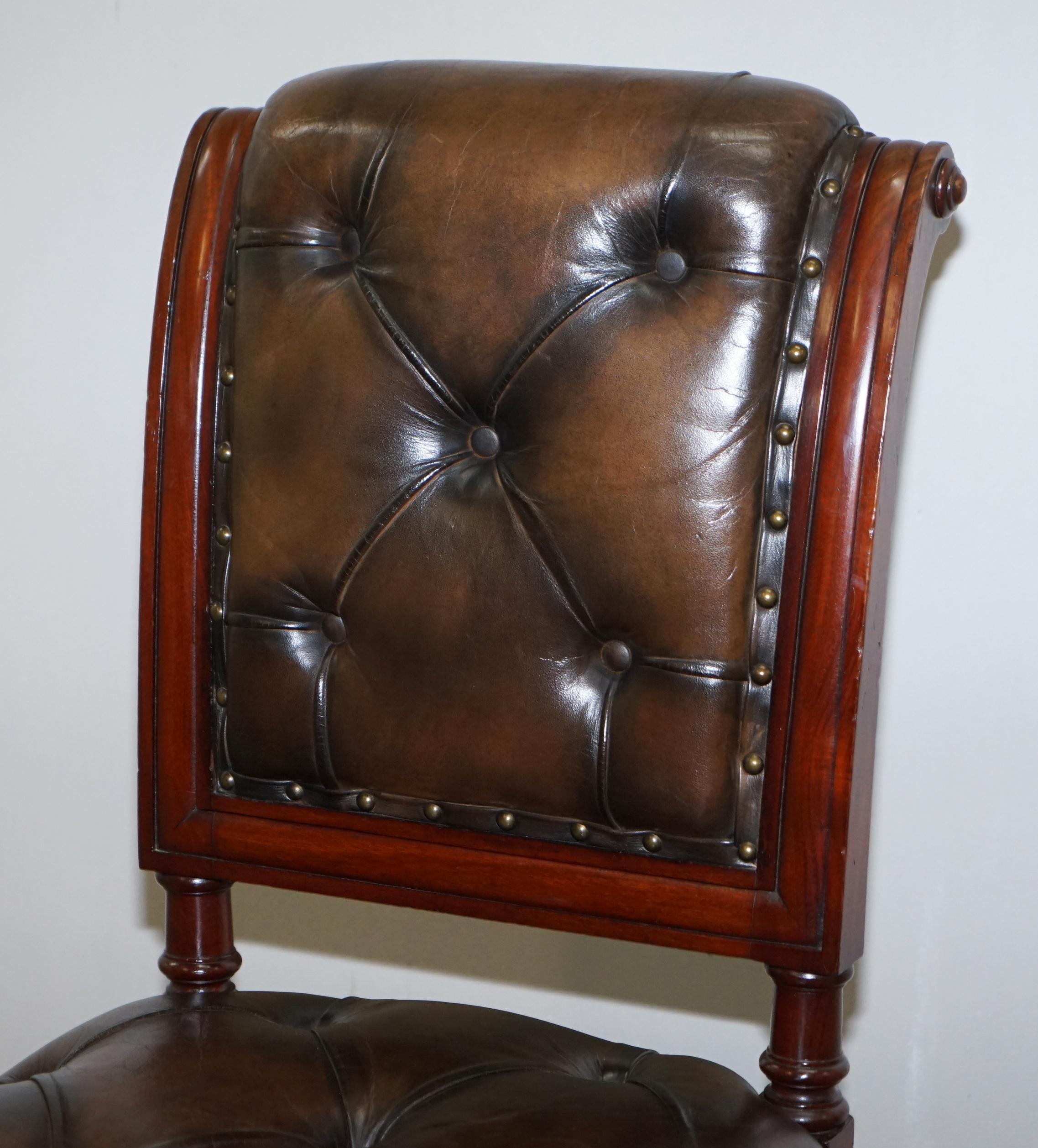 Hand-Crafted Suite of 6 John Crowe & Sons Victorian Chesterfield Brown Leather Dining Chairs