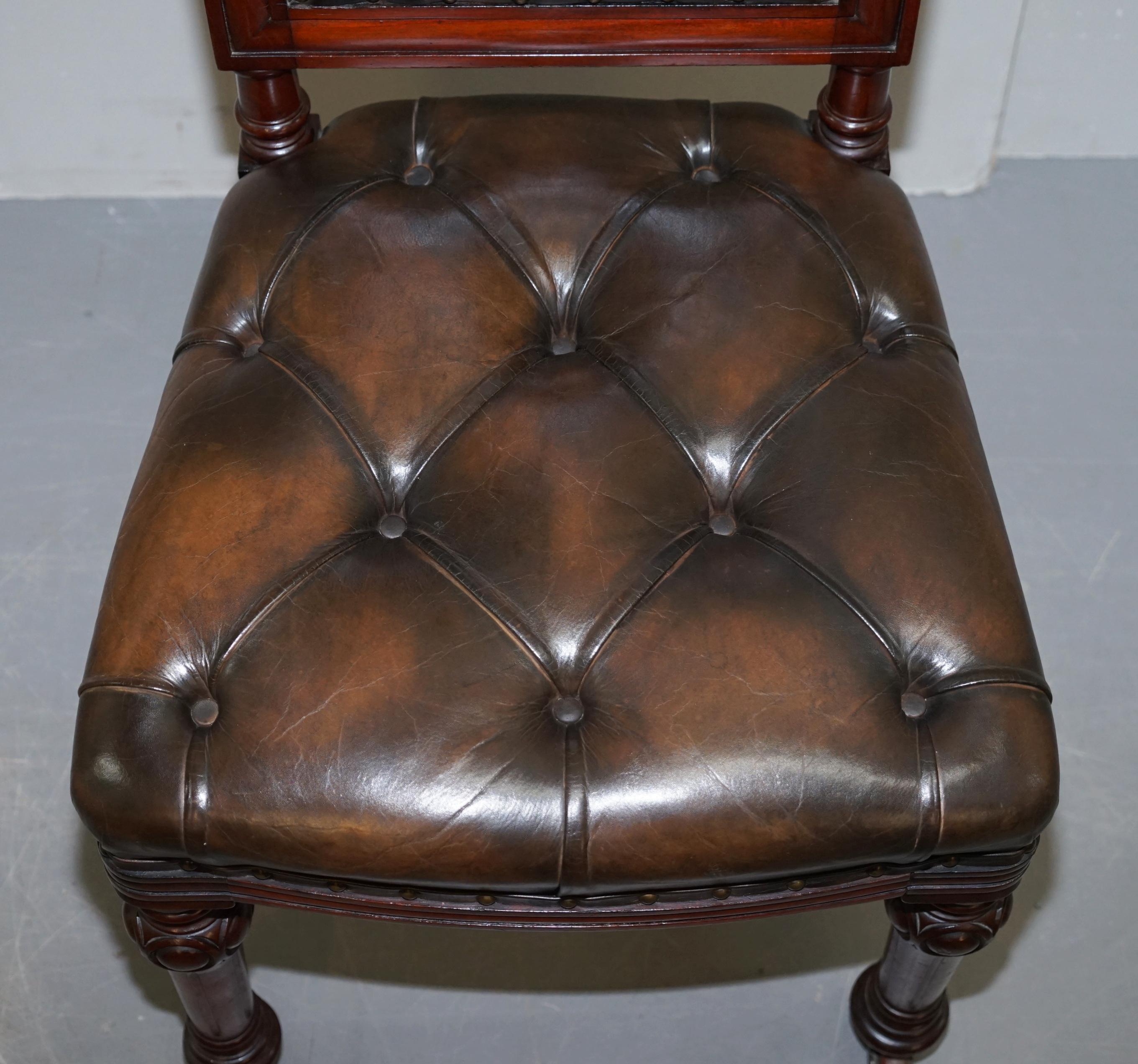 Mid-19th Century Suite of 6 John Crowe & Sons Victorian Chesterfield Brown Leather Dining Chairs