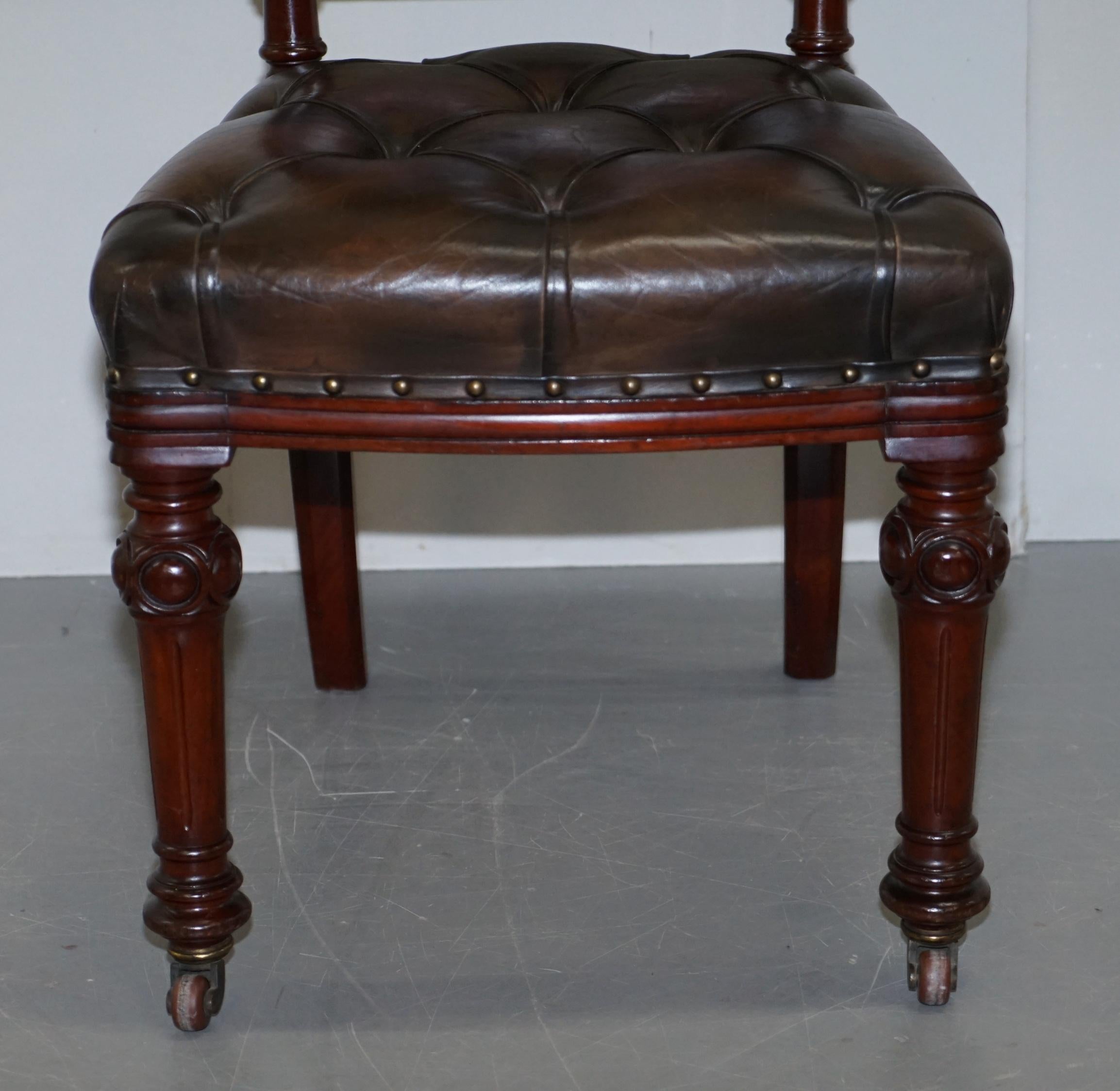 Suite of 6 John Crowe & Sons Victorian Chesterfield Brown Leather Dining Chairs 1