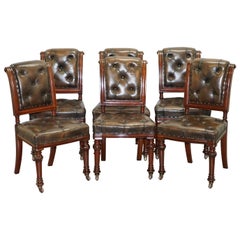 Suite of 6 John Crowe & Sons Victorian Chesterfield Brown Leather Dining Chairs