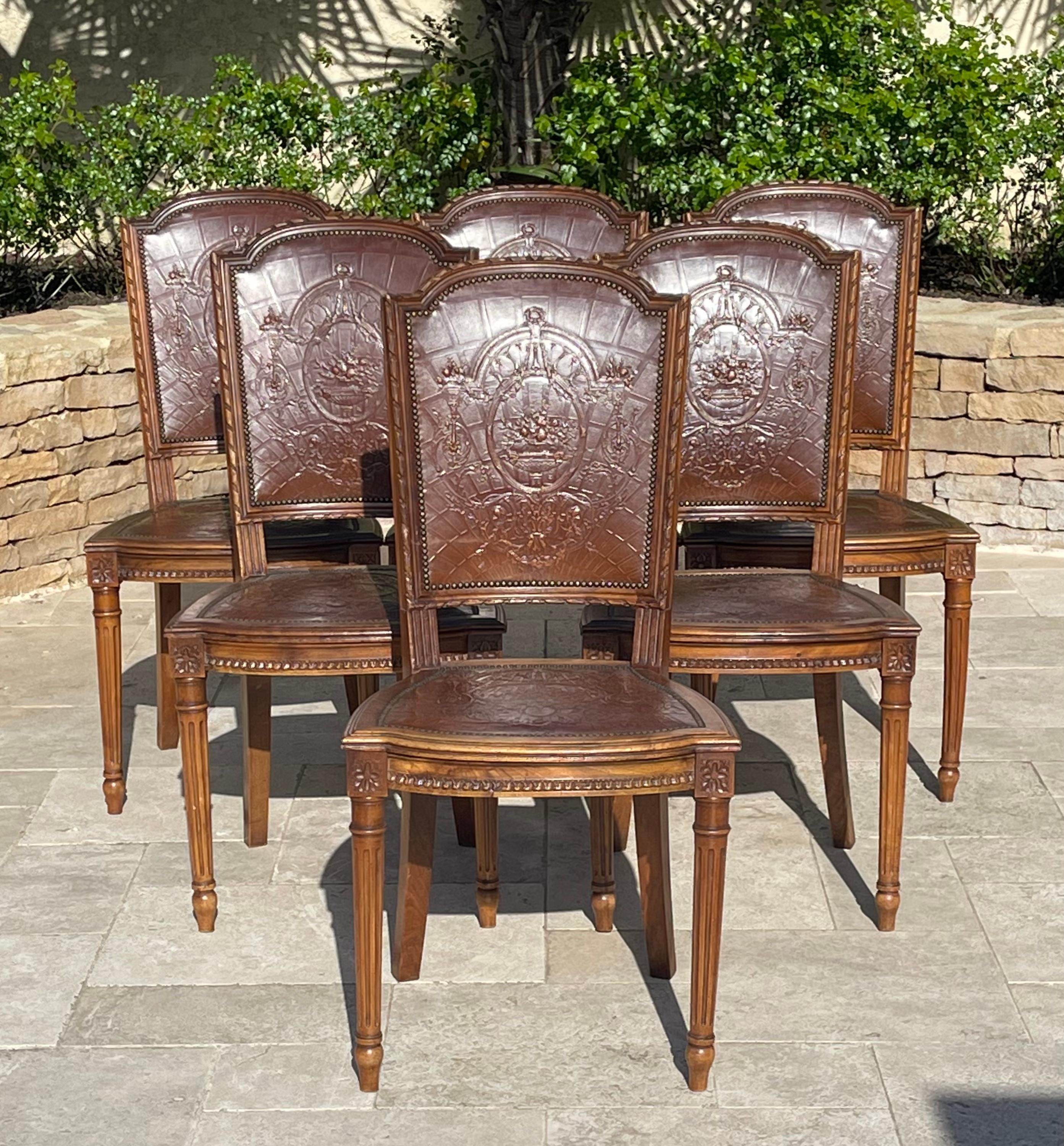 Suite of 6 Louis XVI Style Walnut and Cordoba Leather Chairs For Sale 5