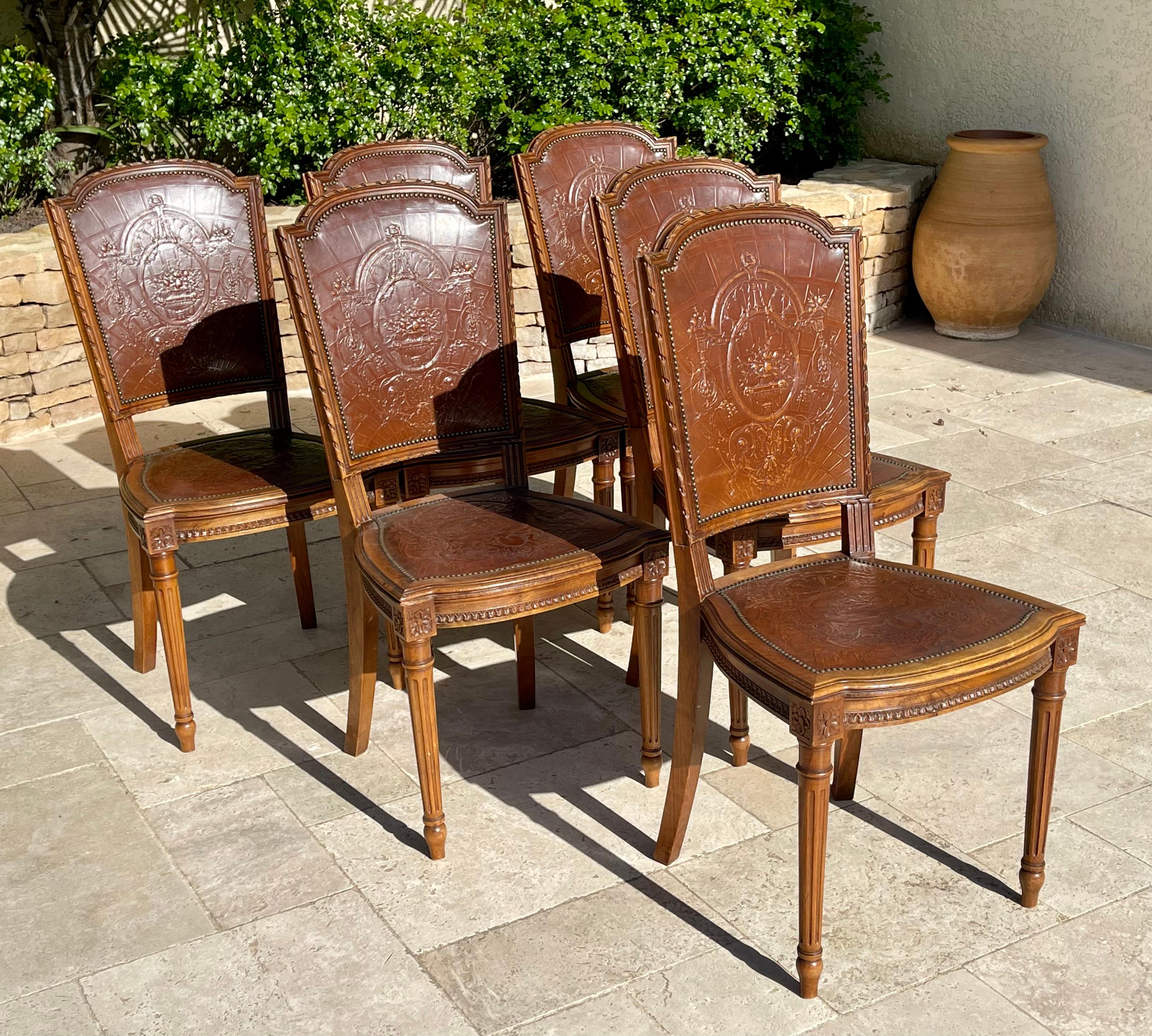 Suite of 6 Louis XVI Style Walnut and Cordoba Leather Chairs For Sale 6