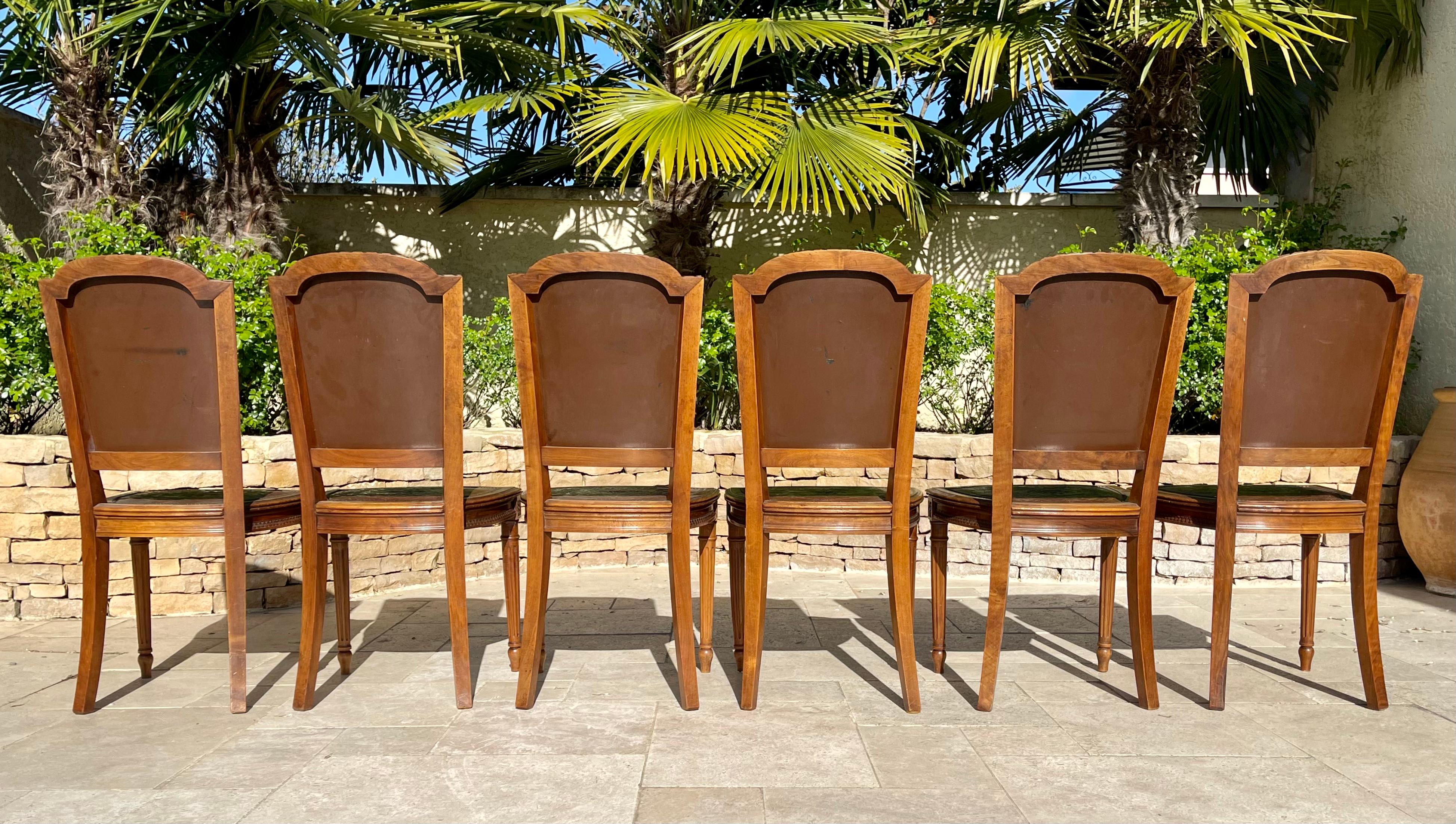 Suite of 6 Louis XVI Style Walnut and Cordoba Leather Chairs For Sale 9