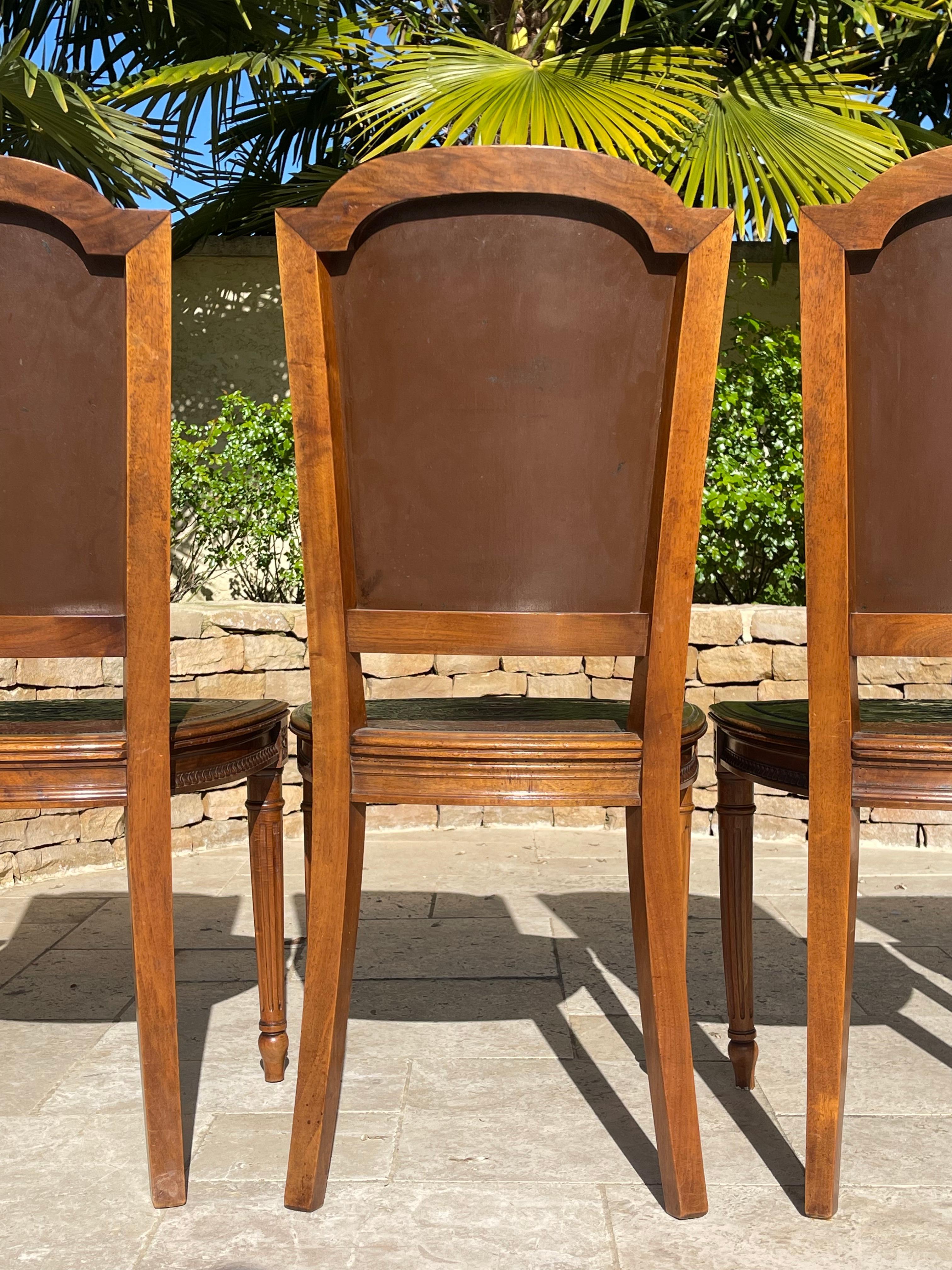 Suite of 6 Louis XVI Style Walnut and Cordoba Leather Chairs For Sale 10