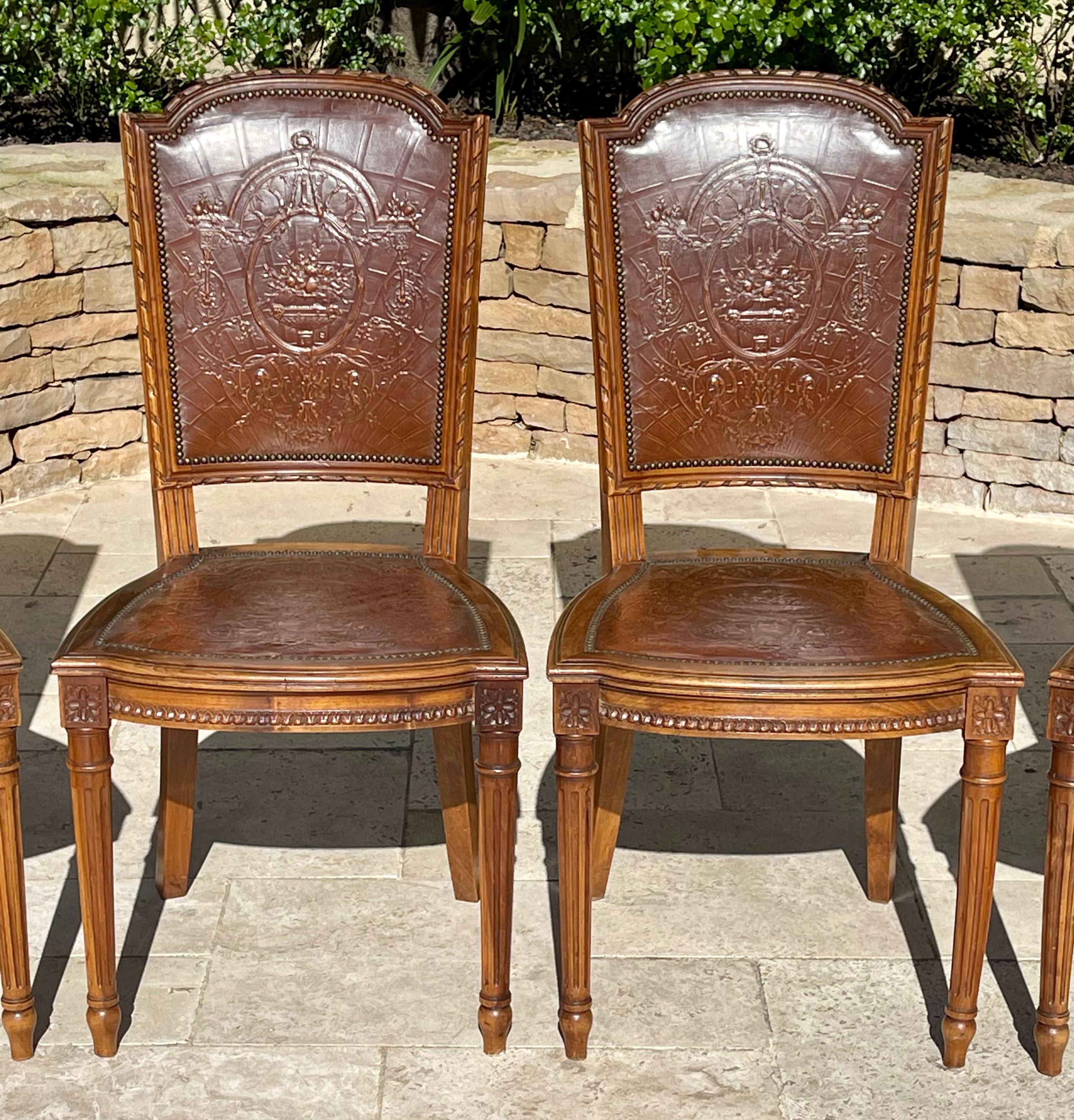 Suite of 6 Louis XVI Style Walnut and Cordoba Leather Chairs For Sale 11