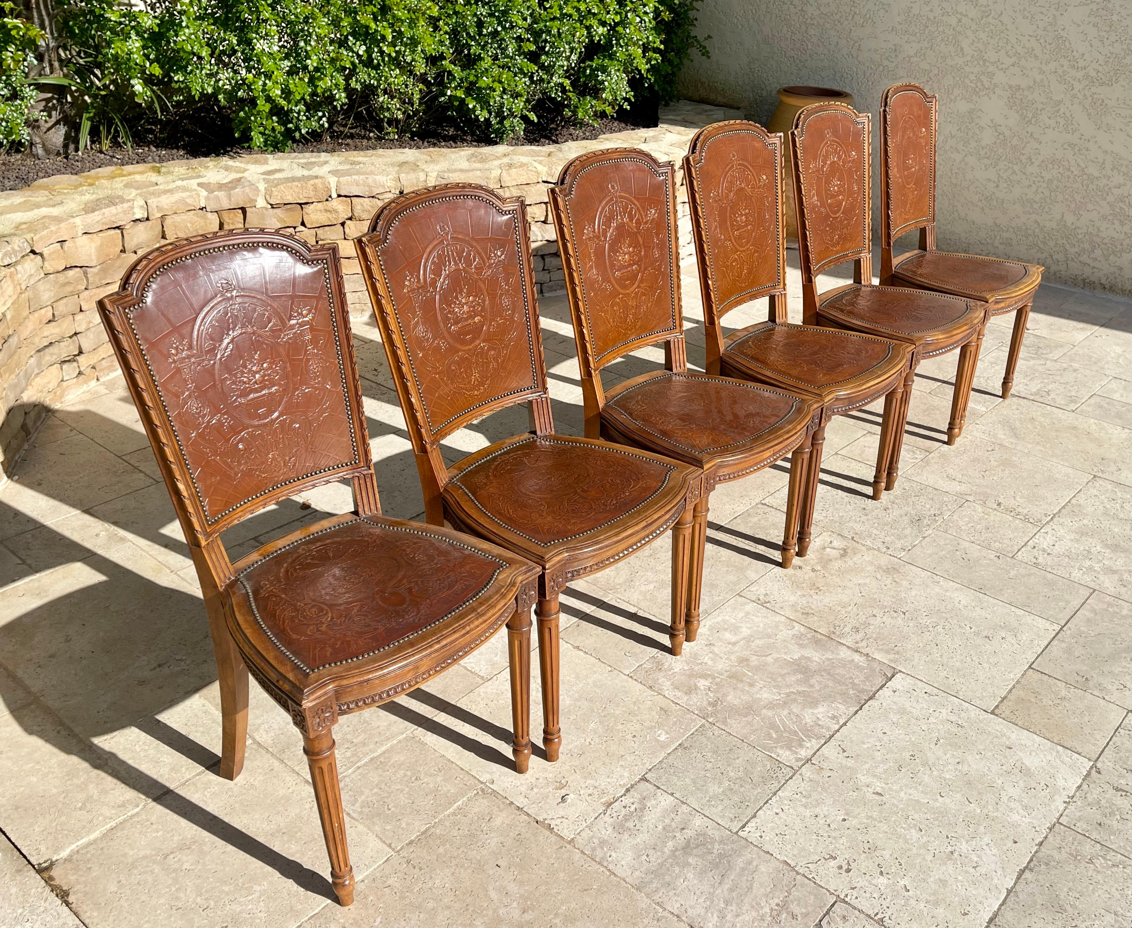 Suite of 6 Louis XVI Style Walnut and Cordoba Leather Chairs In Good Condition For Sale In Beaune, FR