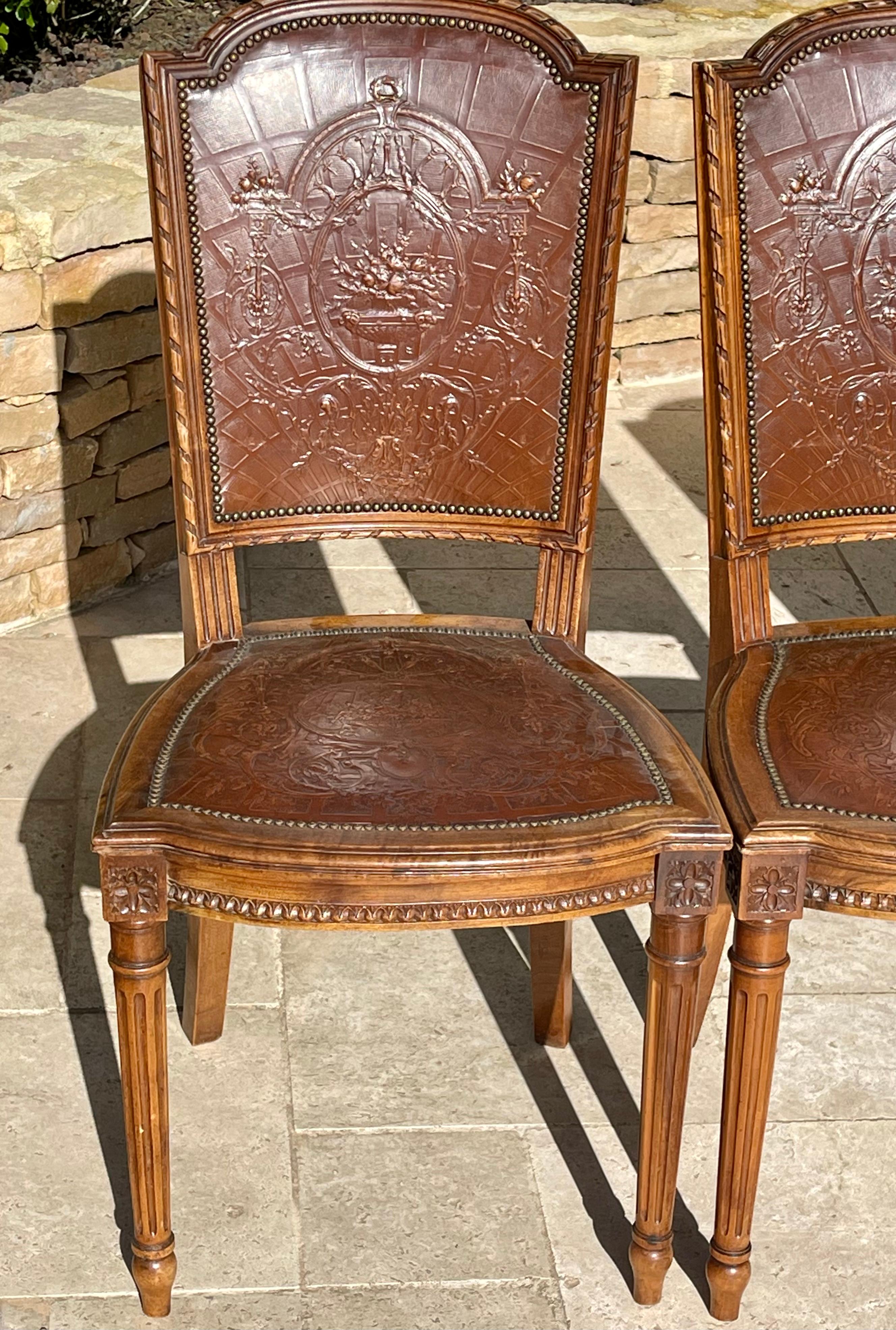 19th Century Suite of 6 Louis XVI Style Walnut and Cordoba Leather Chairs For Sale