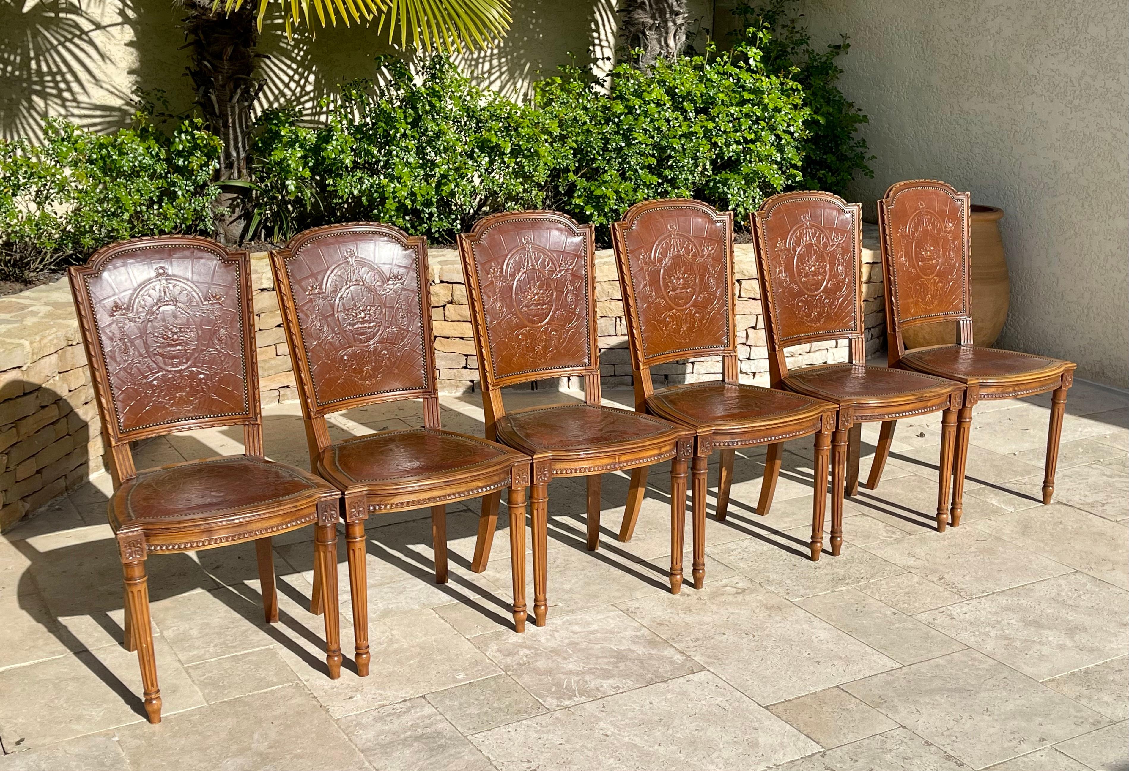 Suite of 6 Louis XVI Style Walnut and Cordoba Leather Chairs For Sale 1